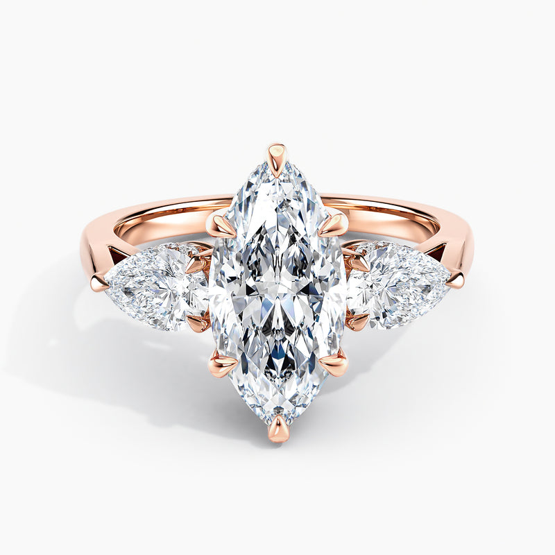 Modern Three Stone Marquise Diamond Hidden Halo Engagement Ring