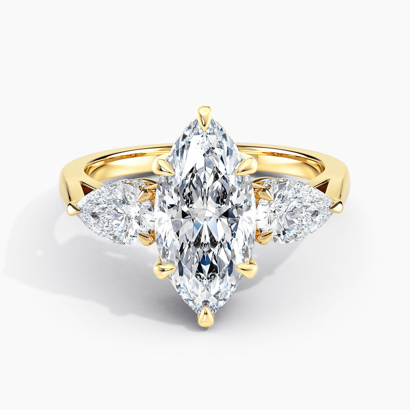 Modern Three Stone Marquise Diamond Hidden Halo Engagement Ring