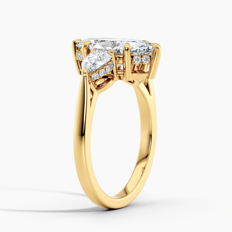 Modern Three Stone Marquise Diamond Hidden Halo Engagement Ring