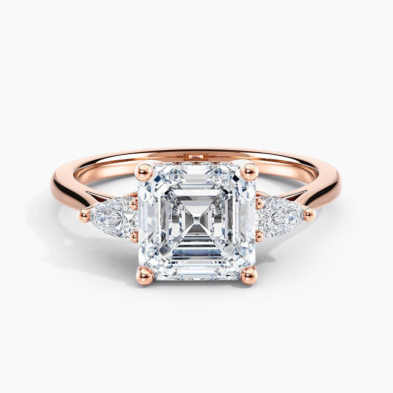Petite Modern Asscher Diamond Three Stone Hidden Halo Engagement Ring