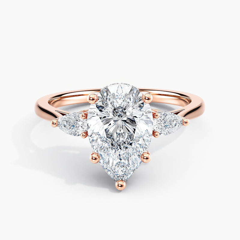 Petite Modern Three Stone Hidden Halo Pear Diamond Engagement Ring