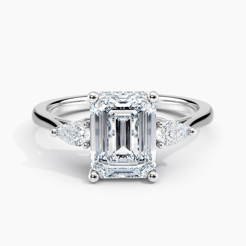 Petite Modern Three Stone Emerald Diamond Hidden Halo Engagement Ring