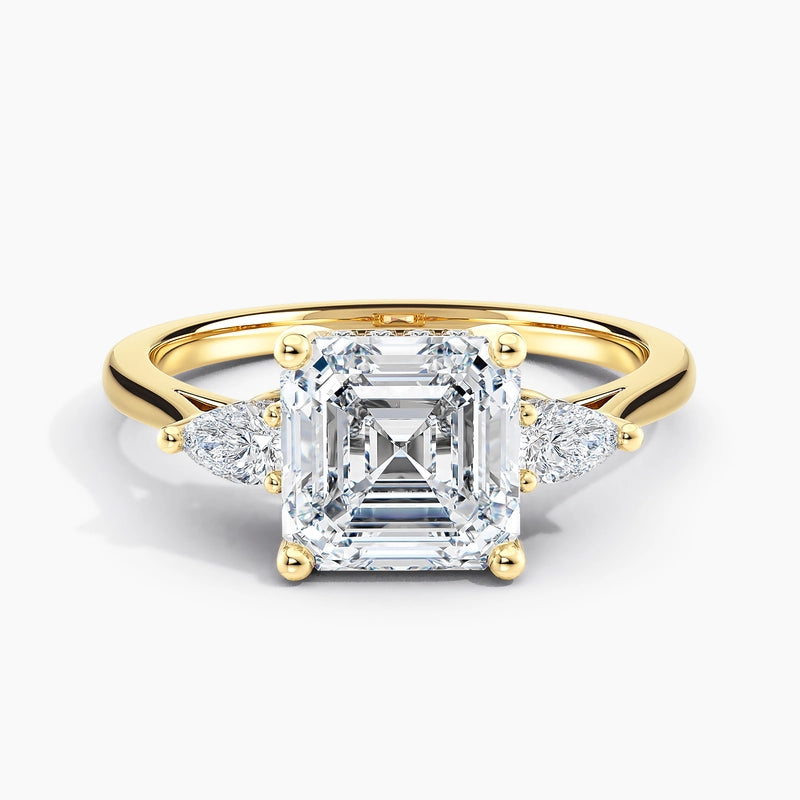 Petite Modern Asscher Diamond Three Stone Hidden Halo Engagement Ring