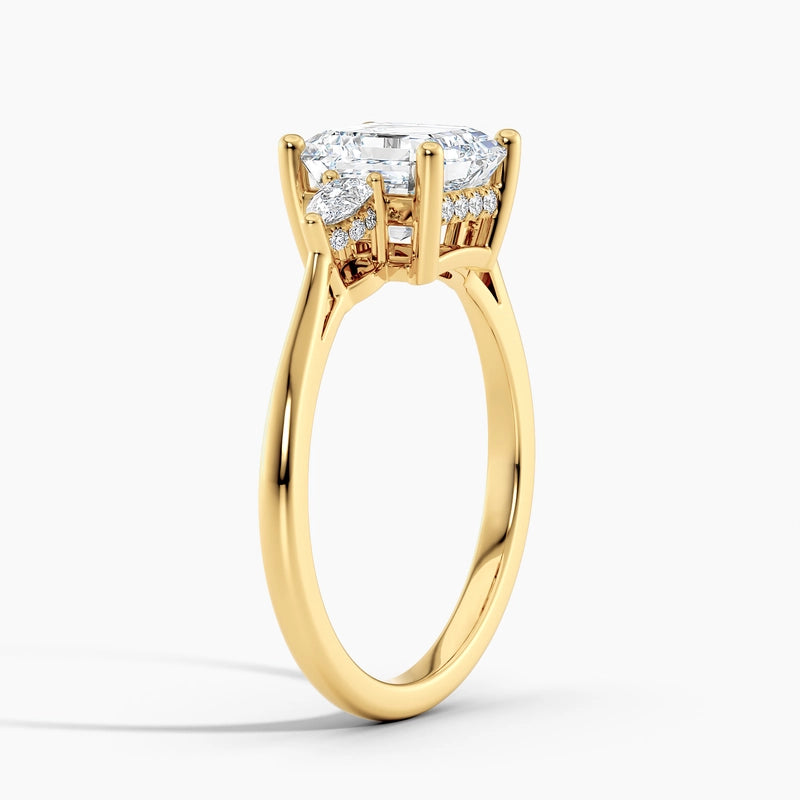 Petite Modern Asscher Diamond Three Stone Hidden Halo Engagement Ring