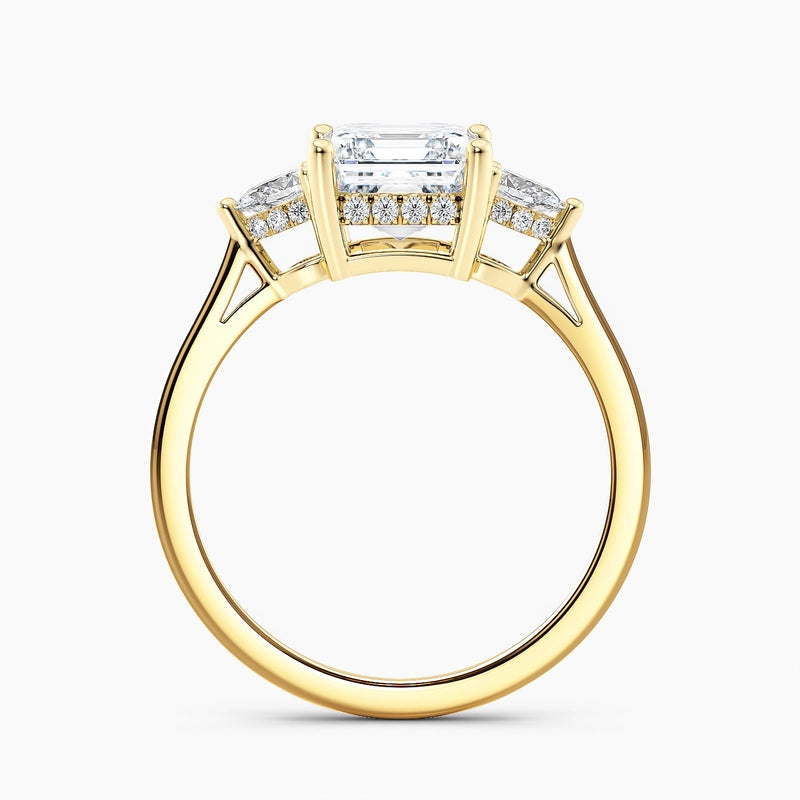 Petite Modern Asscher Diamond Three Stone Hidden Halo Engagement Ring