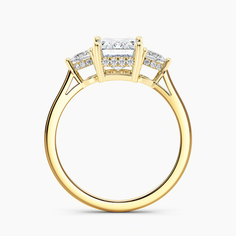 Petite Modern Three Stone Emerald Diamond Hidden Halo Engagement Ring