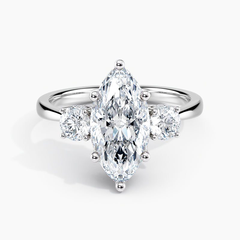 Tapered Three Stone Marquise Diamond Hidden Halo Engagement Ring