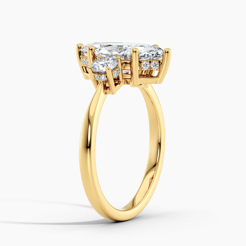 Tapered Three Stone Marquise Diamond Hidden Halo Engagement Ring