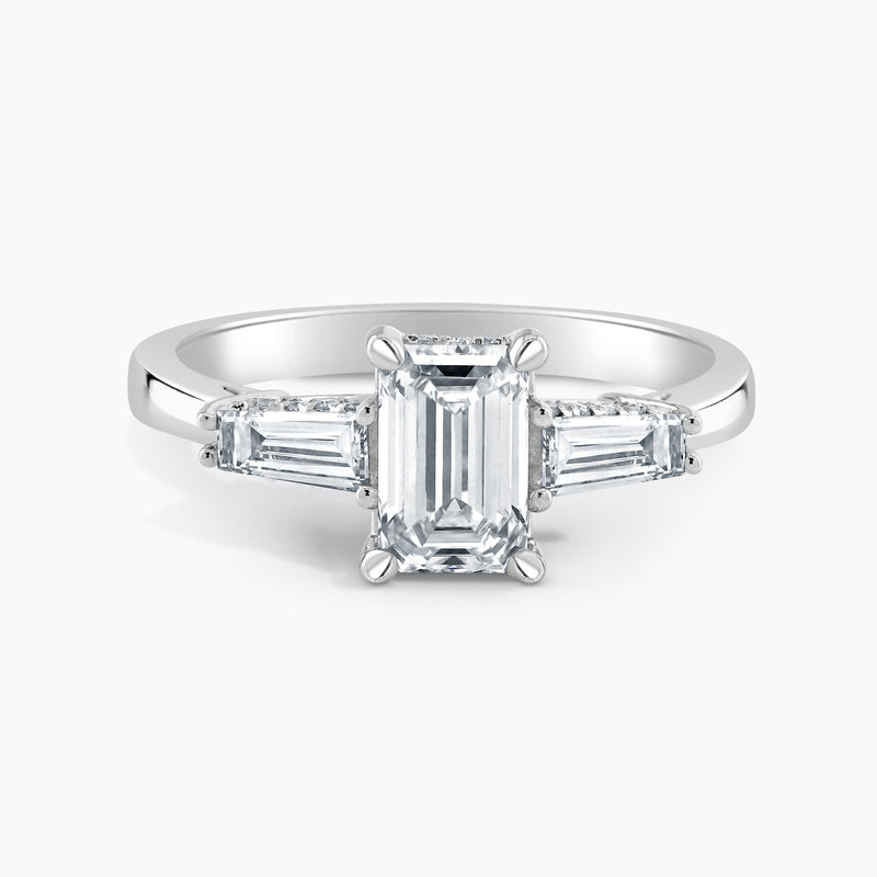 Emerald Cut 3.25 Ct Lab Grown Diamond Three Stone Tapered Ring – Sterling Silver
