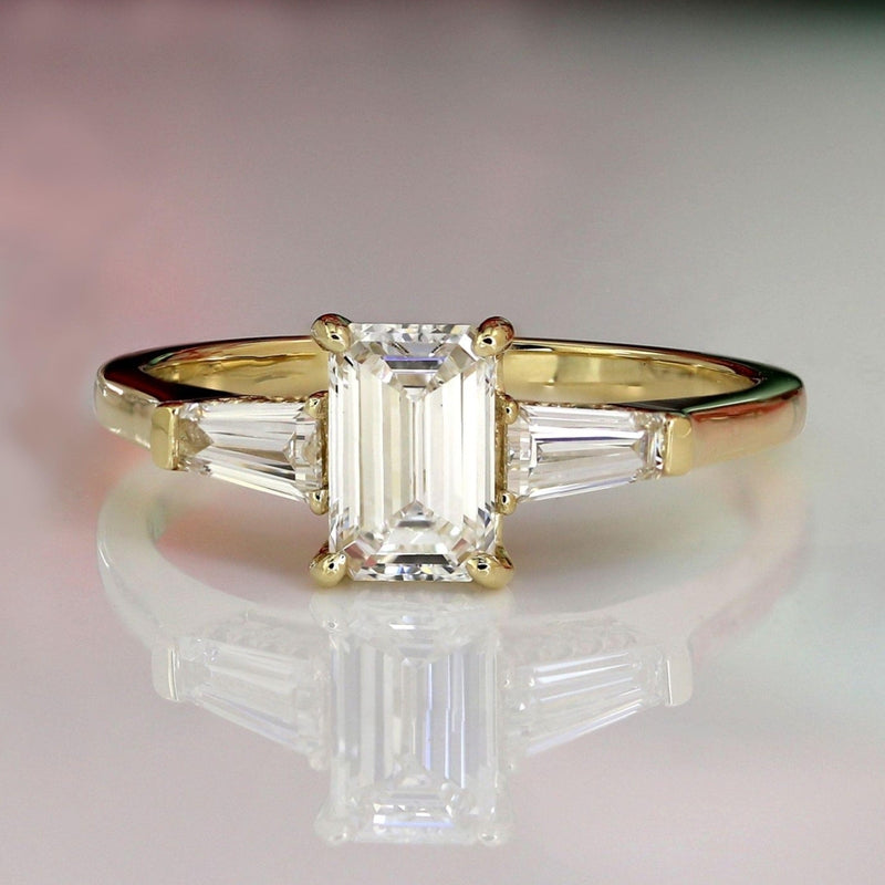Emerald Cut 3.25 Ct Lab Grown Diamond Three Stone Tapered Ring – Sterling Silver