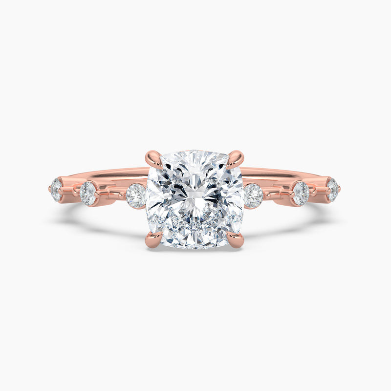 Cushion Diamond Station Hidden Halo Engagement Ring