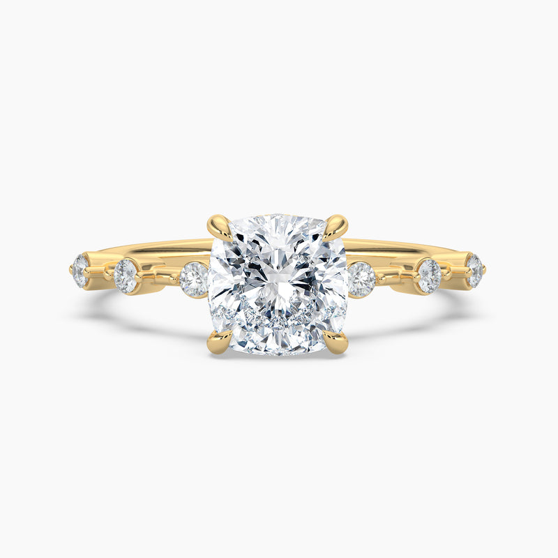 Cushion Diamond Station Hidden Halo Engagement Ring