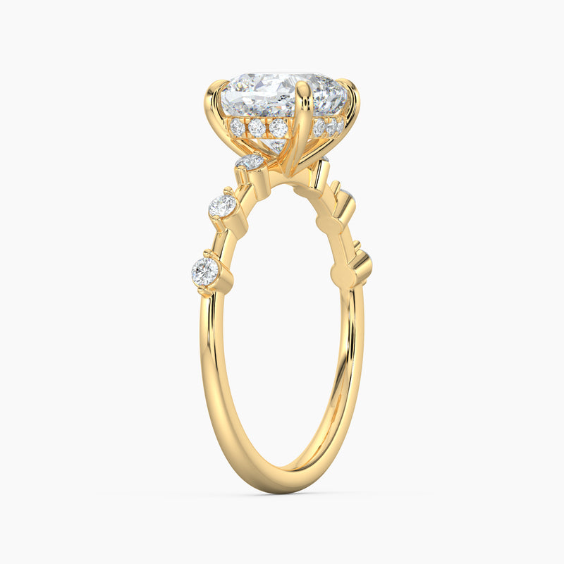 Cushion Diamond Station Hidden Halo Engagement Ring