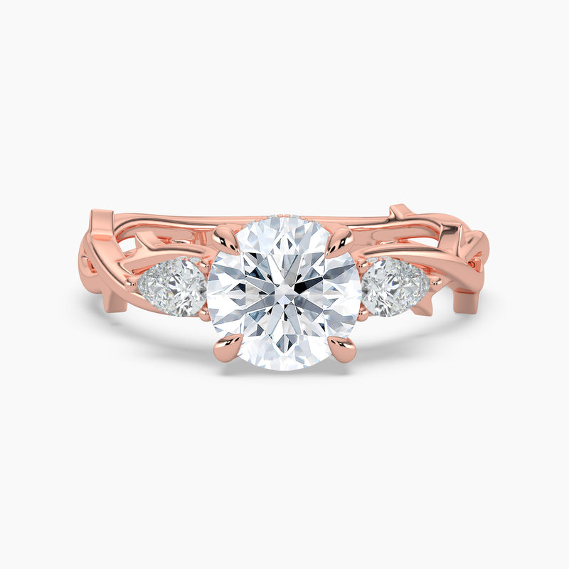 Thorn Vine Three Stone Round Diamond Hidden Halo Engagement Ring