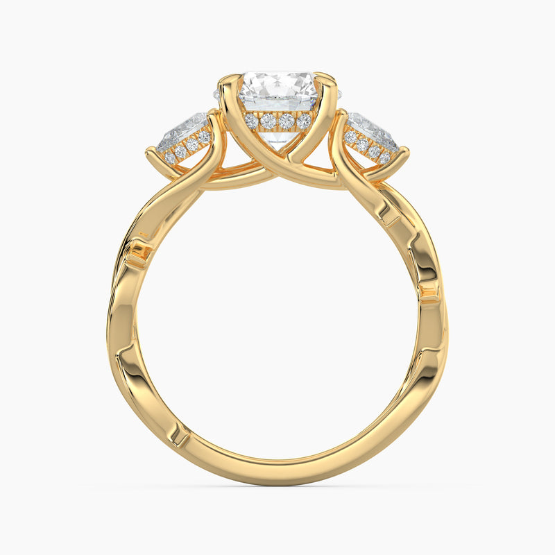 Thorn Vine Three Stone Round Diamond Hidden Halo Engagement Ring