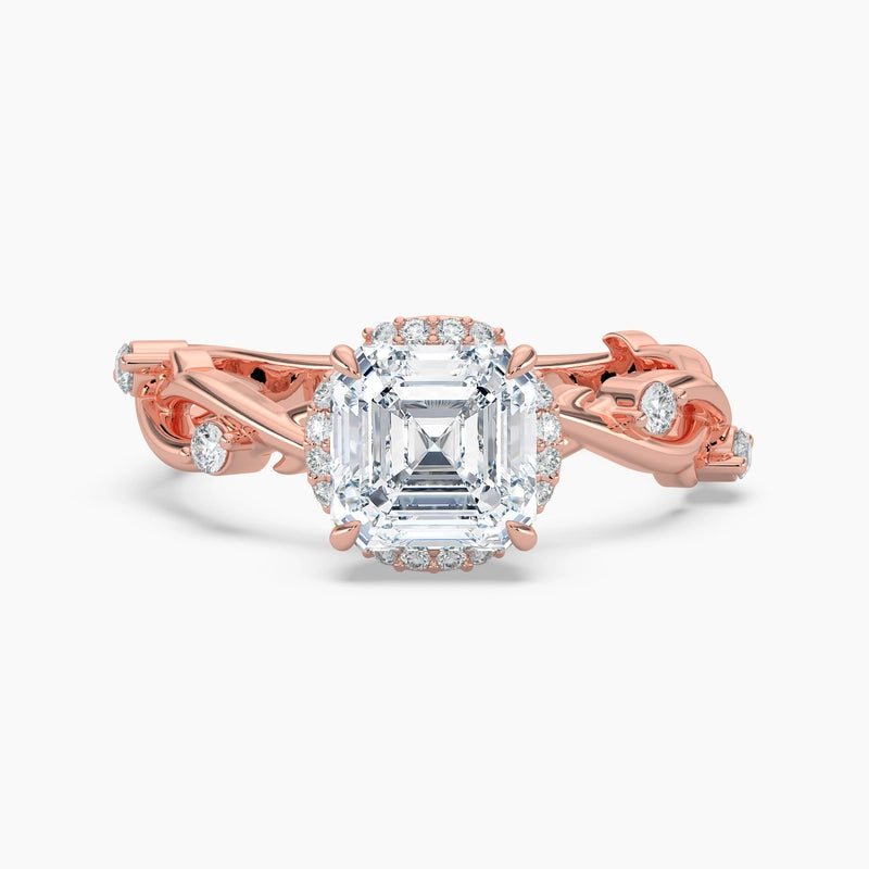 Asscher Diamond Twisted Vine Loop Diamond Halo Engagement Ring