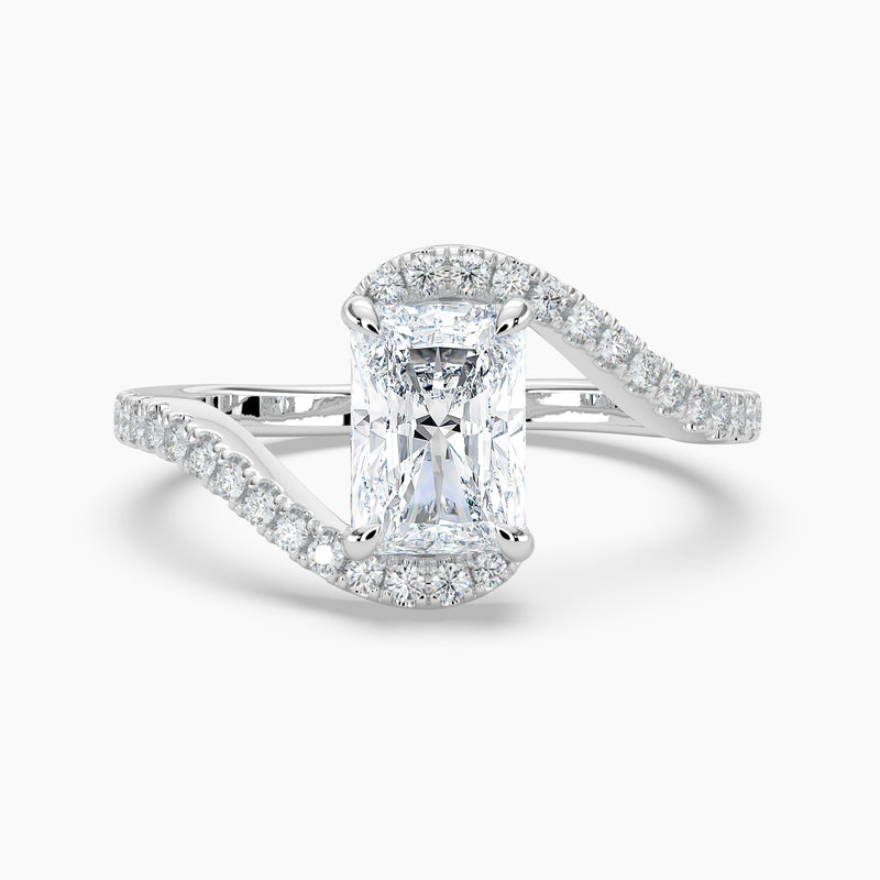 4.30 Ct Emerald Cut Lab Grown Diamond Halo Twist Pavé Ring - Sterling Silver
