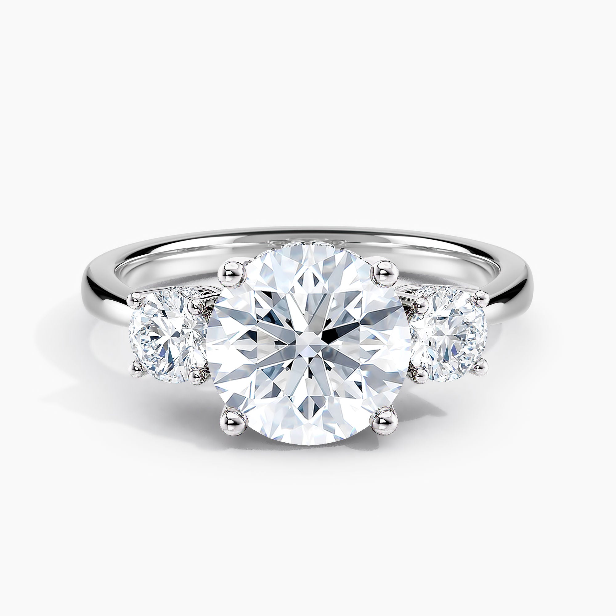 Tapered Three Stone Round Diamond Hidden Halo Engagement Ring