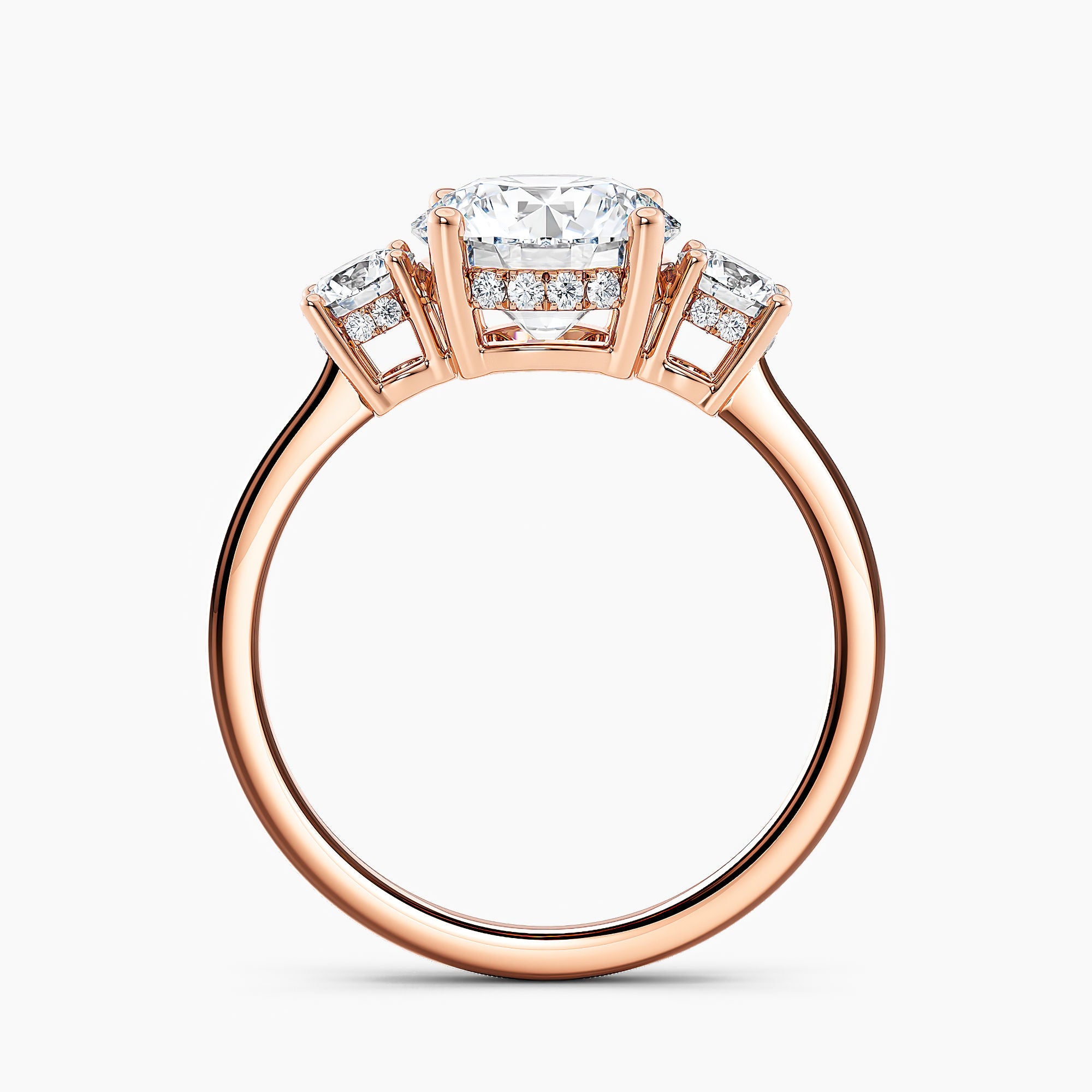 Tapered Three Stone Round Diamond Hidden Halo Engagement Ring