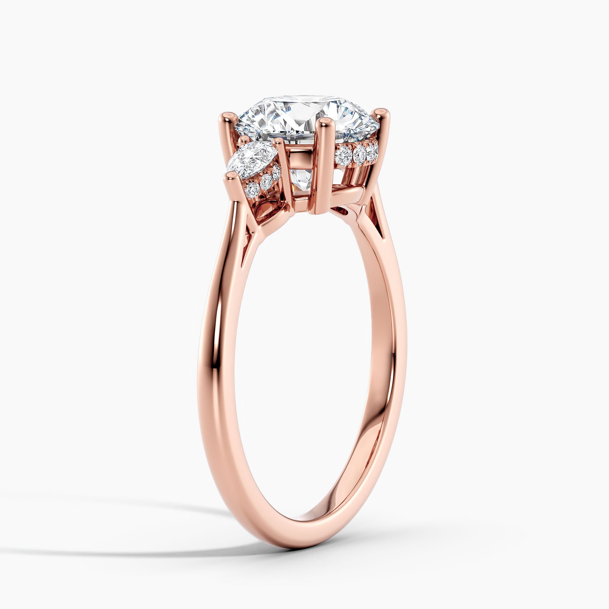 Petite Modern Three Stone Round Diamond Hidden Halo Engagement Ring