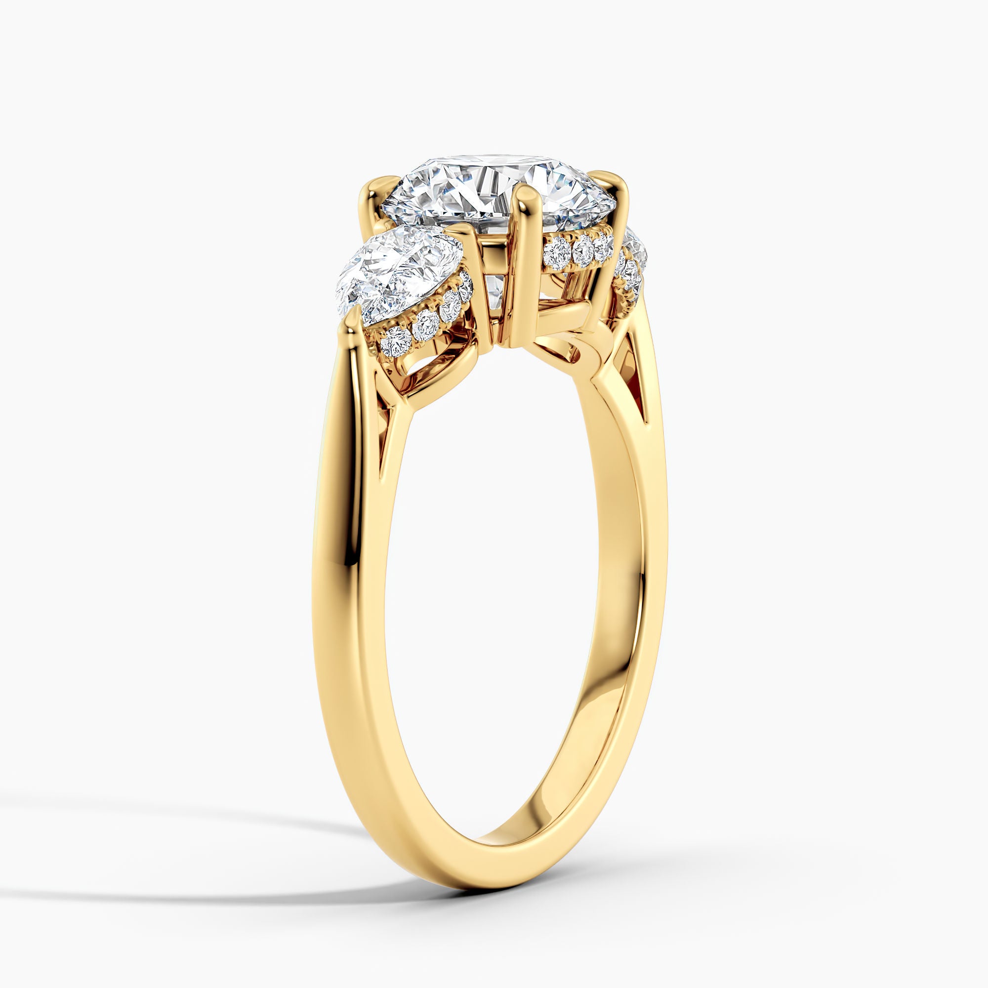 Modern Three Stone Hidden Halo Engagement Ring