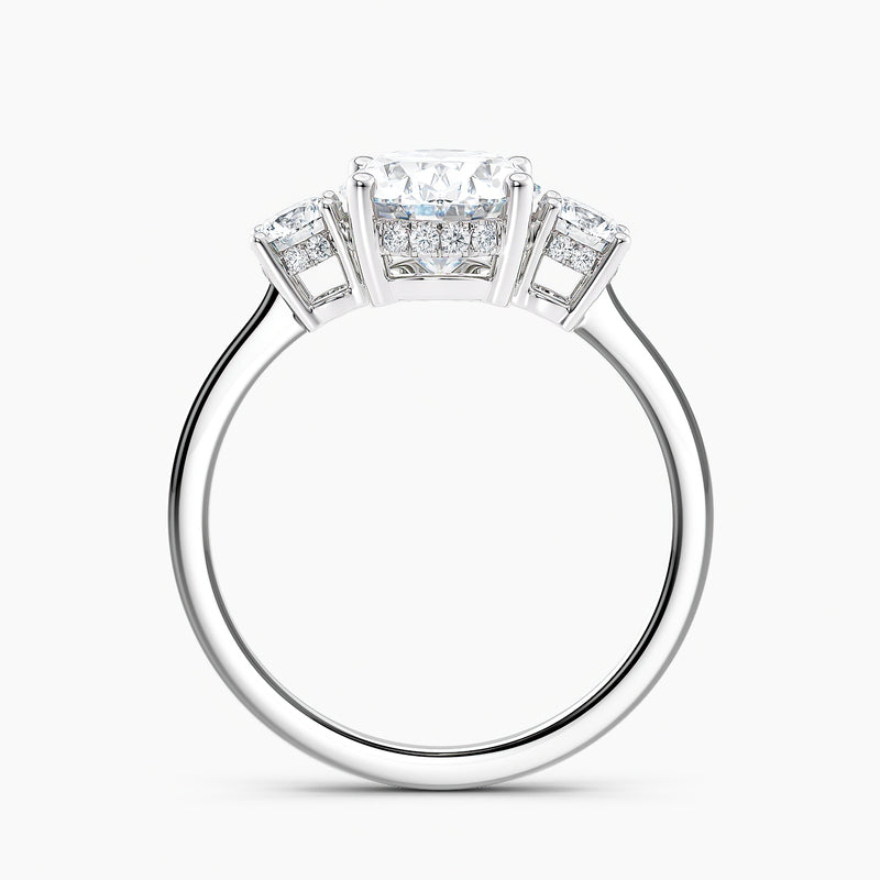 Tapered Three Stone Oval Diamond Hidden Halo Engagement Ring