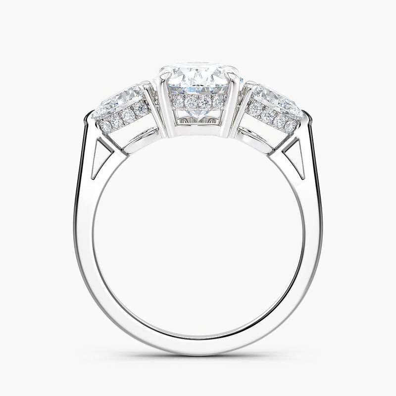 Modern Three Stone Oval Diamond Hidden Halo Engagement Ring