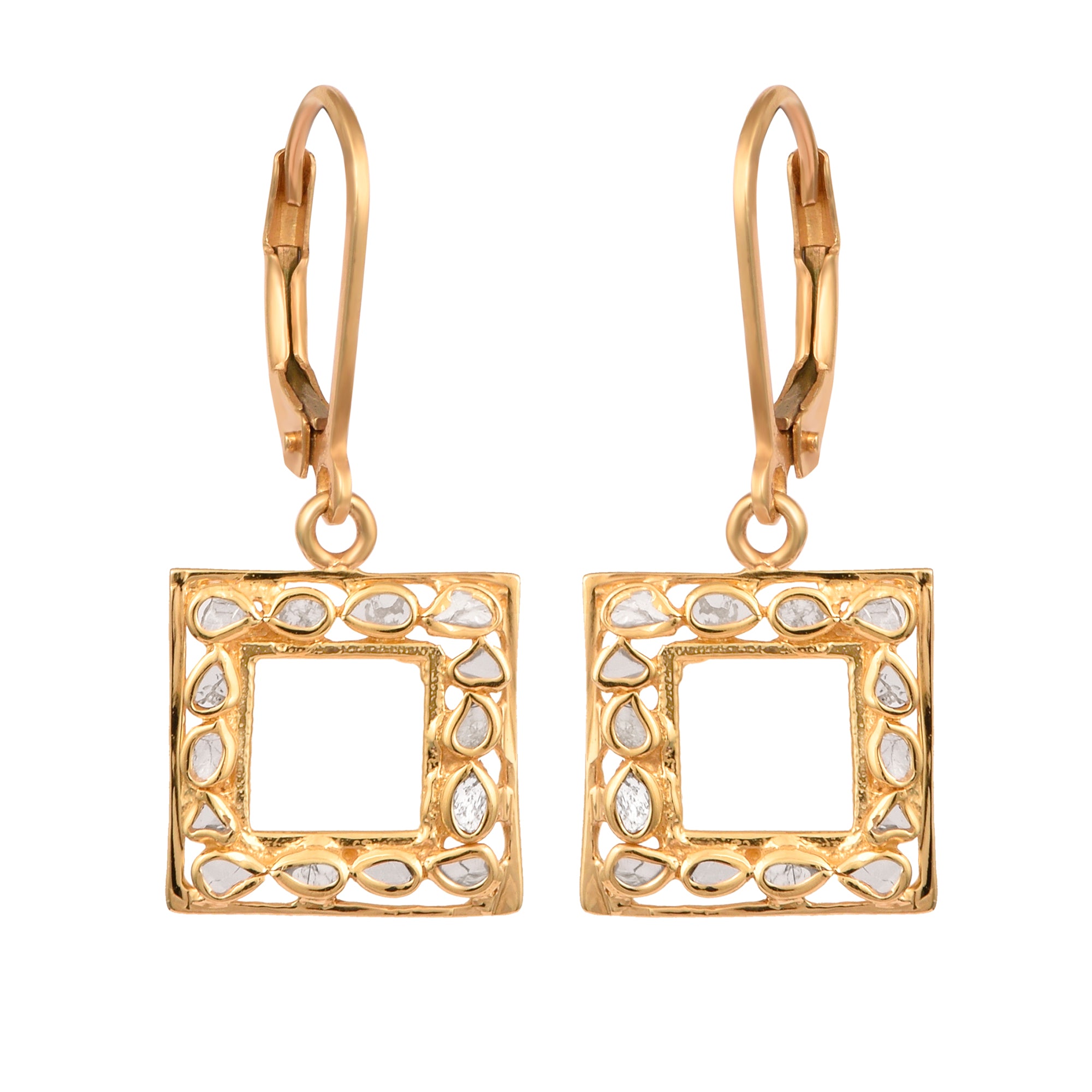 0.25 CTW Natural Polki Diamond Square Shape Lever Back Earrings