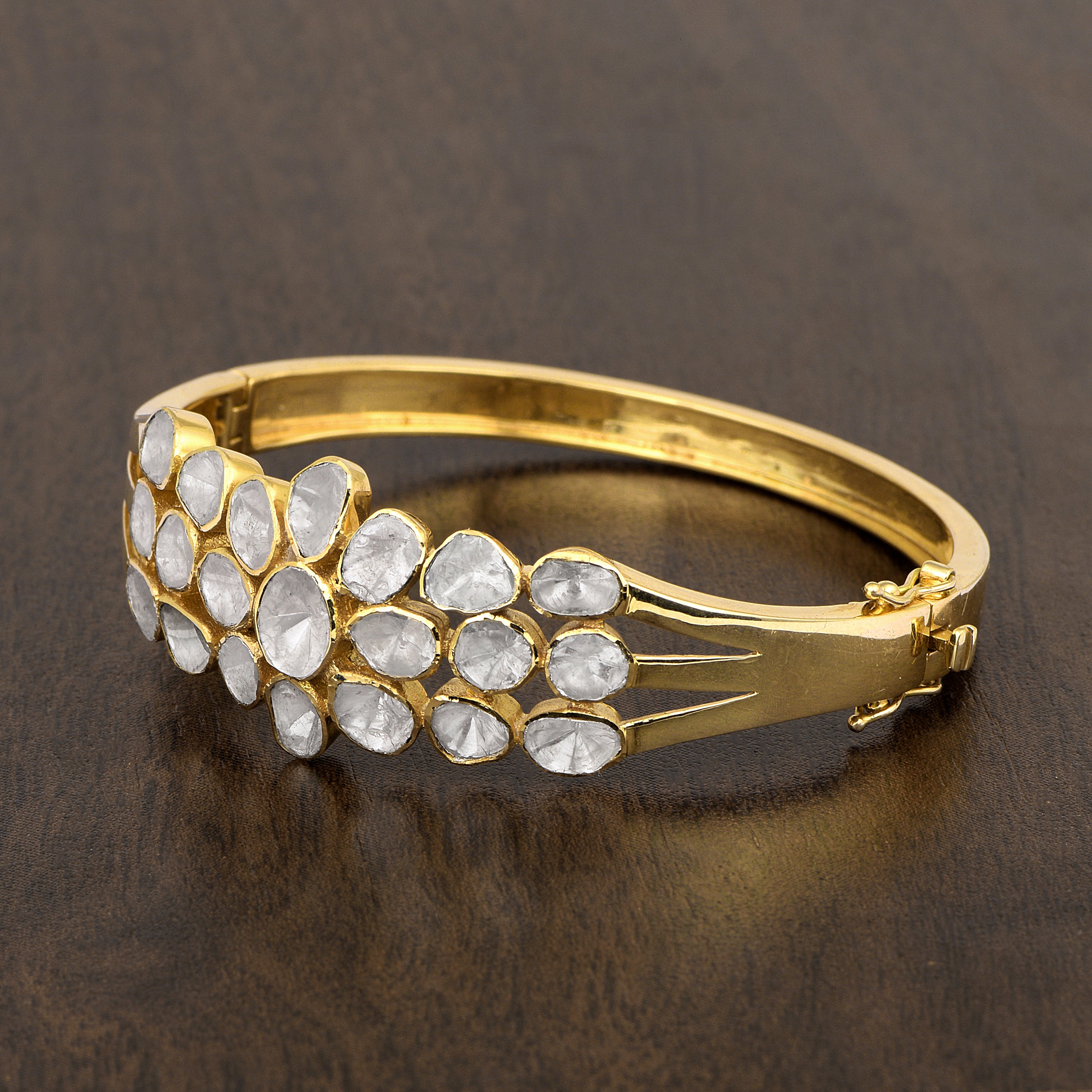 4.00 CTW Natural Mugal Cut Read Diamond Polki Openable Bangle Bracelet 925 Sterling Silver 14K Gold Plated