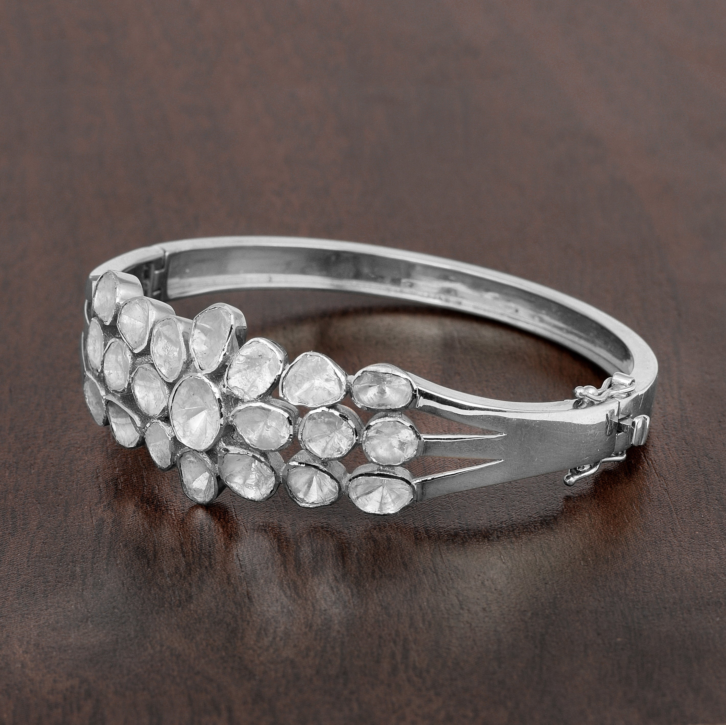 4.00 CTW Natural Mugal Cut Read Diamond Polki Openable Bangle Bracelet 925 Sterling Silver White Gold Plated