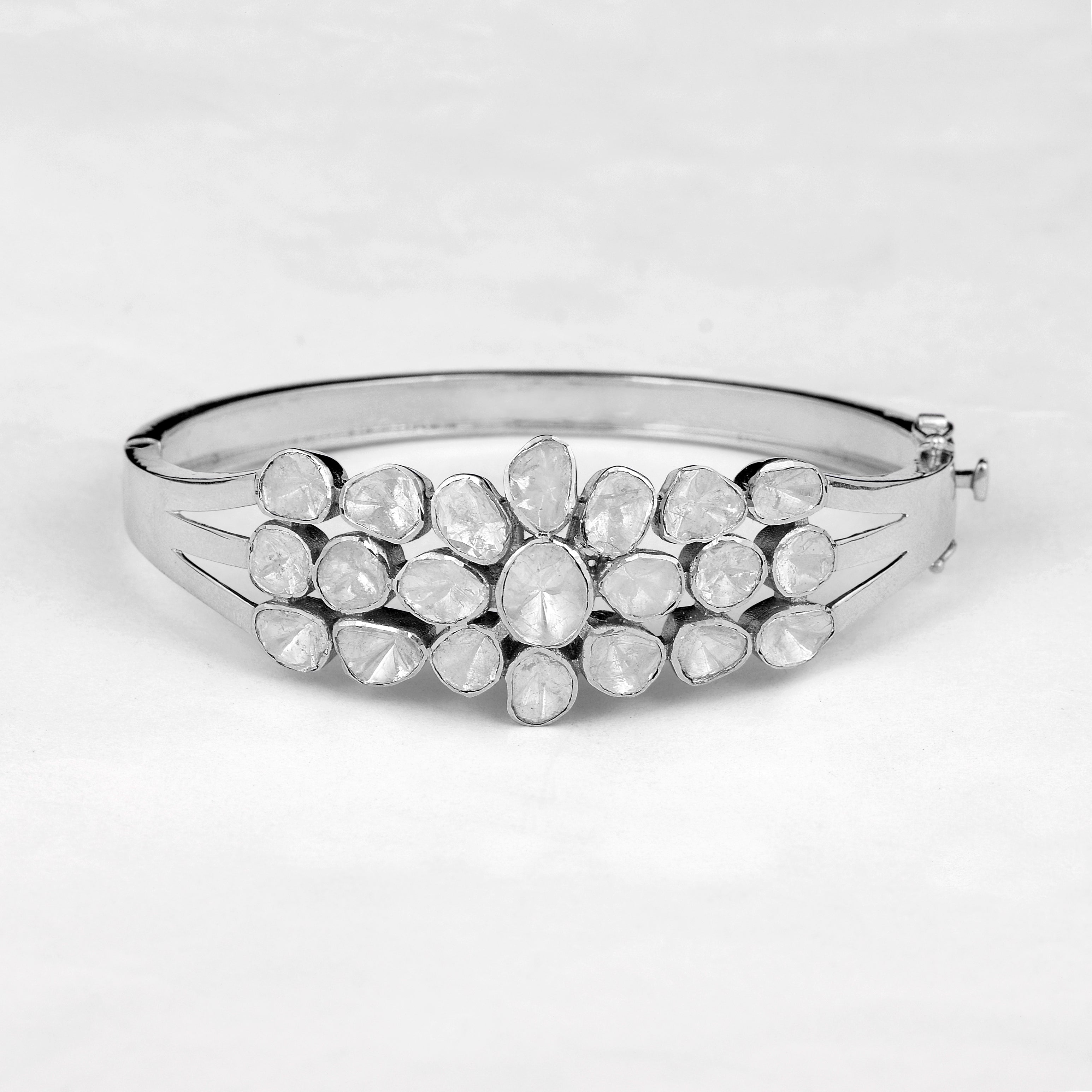 4.00 CTW Natural Mugal Cut Read Diamond Polki Openable Bangle Bracelet 925 Sterling Silver White Gold Plated