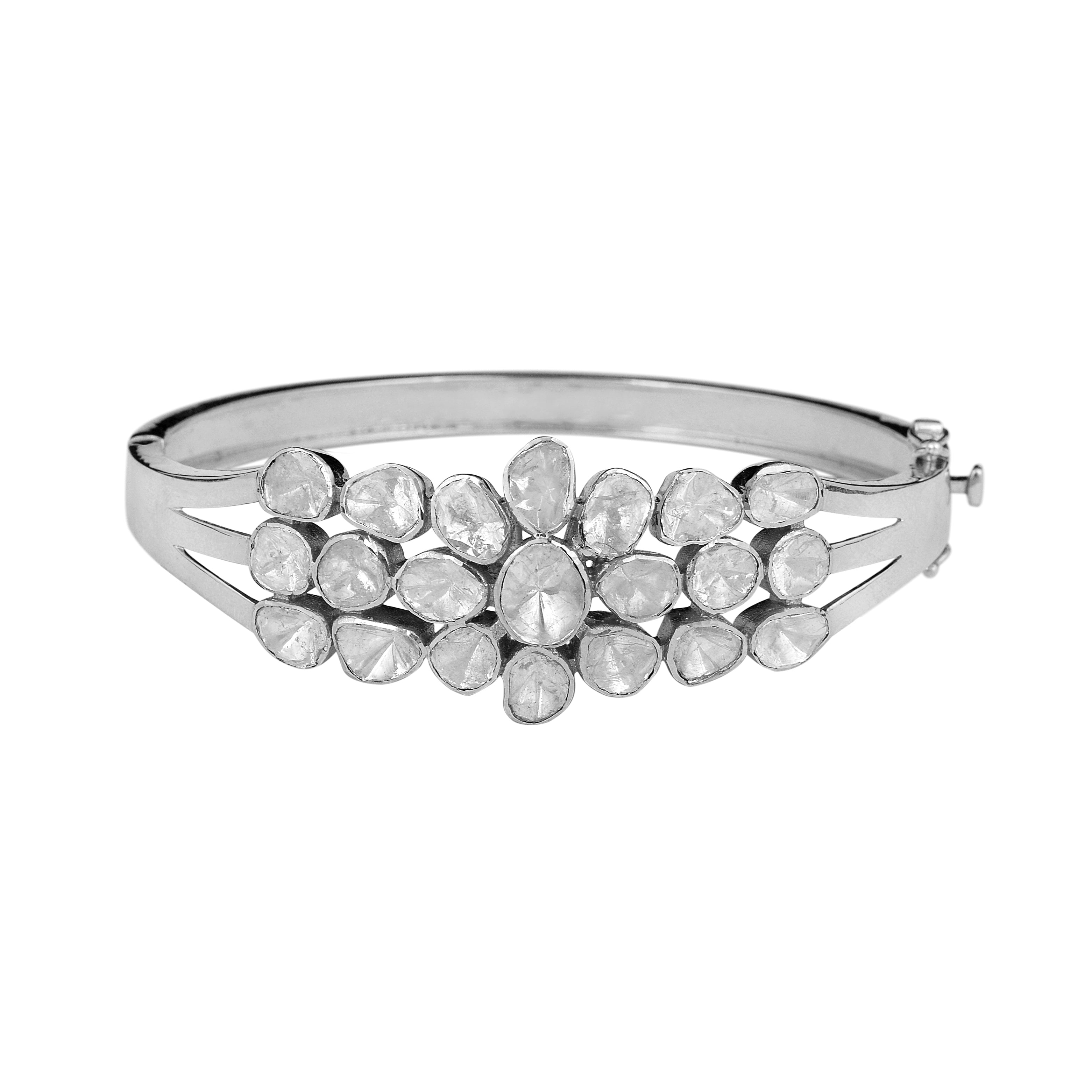 4.00 CTW Natural Mugal Cut Read Diamond Polki Openable Bangle Bracelet 925 Sterling Silver White Gold Plated