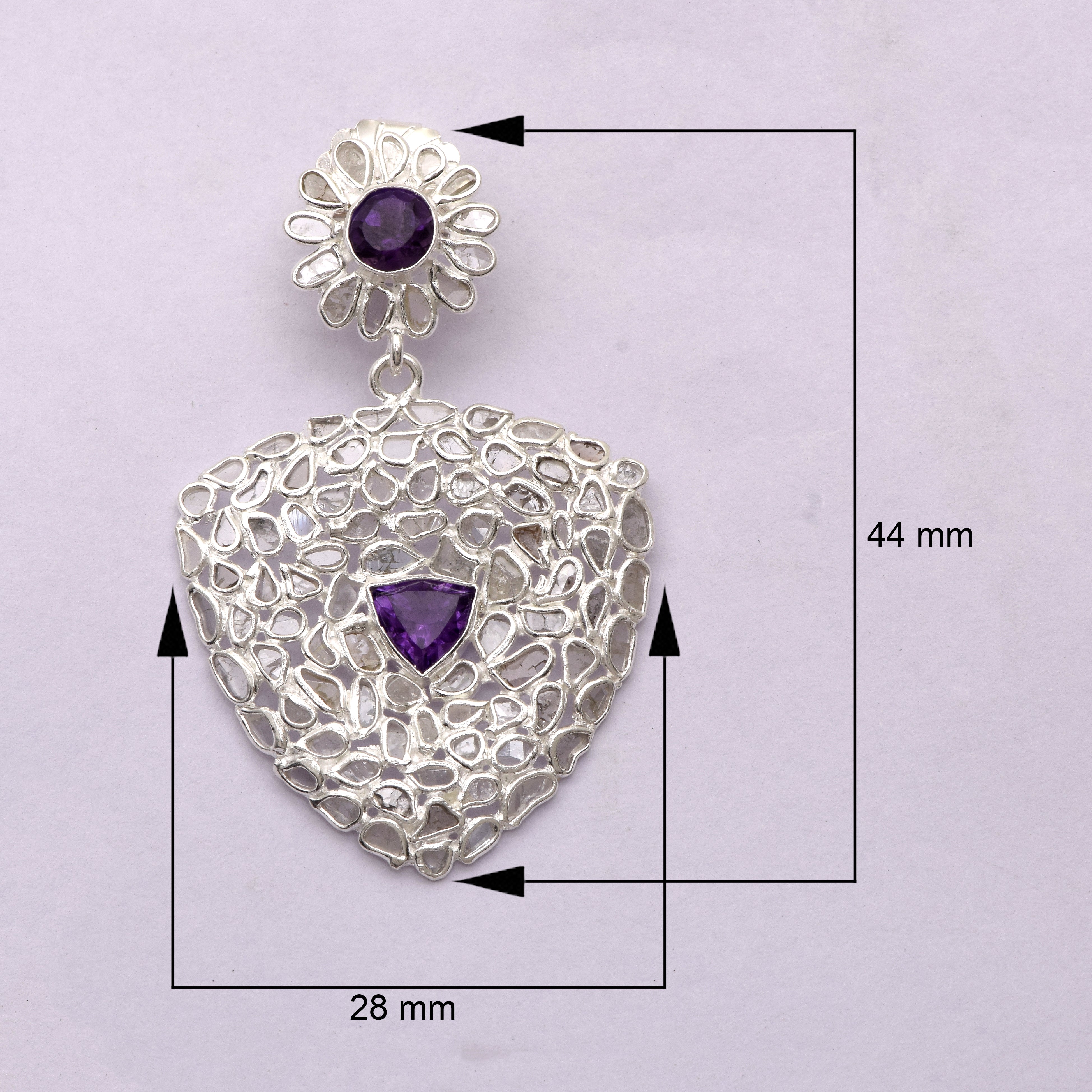 5 CTW Diamond Polki Amethyst Trillion Shaped Cluster Dangle Earring