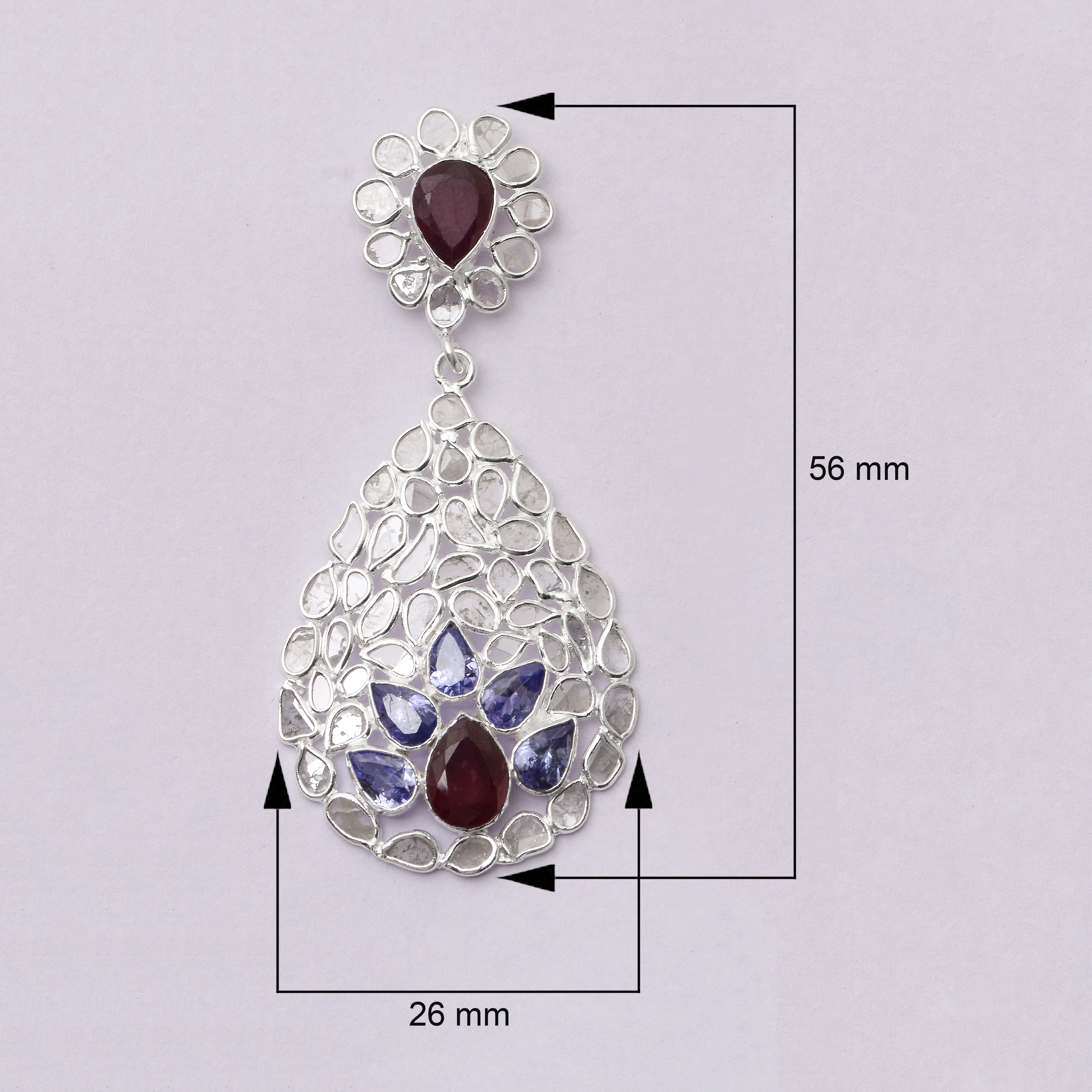 6 CTW Diamond Polki Tanzanite Ruby Floral Dangle Earrings