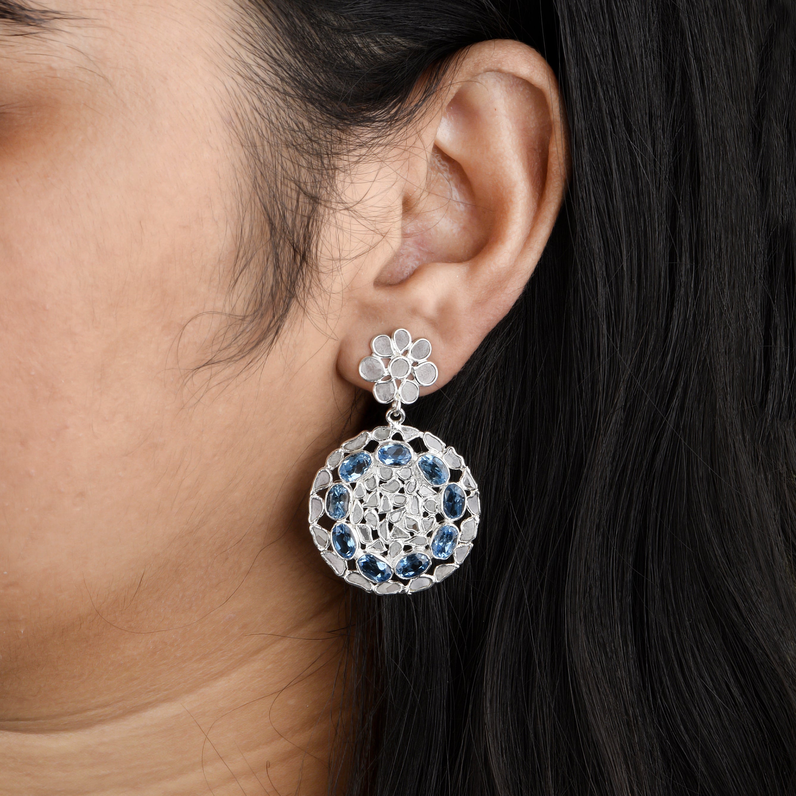 4 CTW Diamond Polki Blue Topaz Round Dangle Earrings