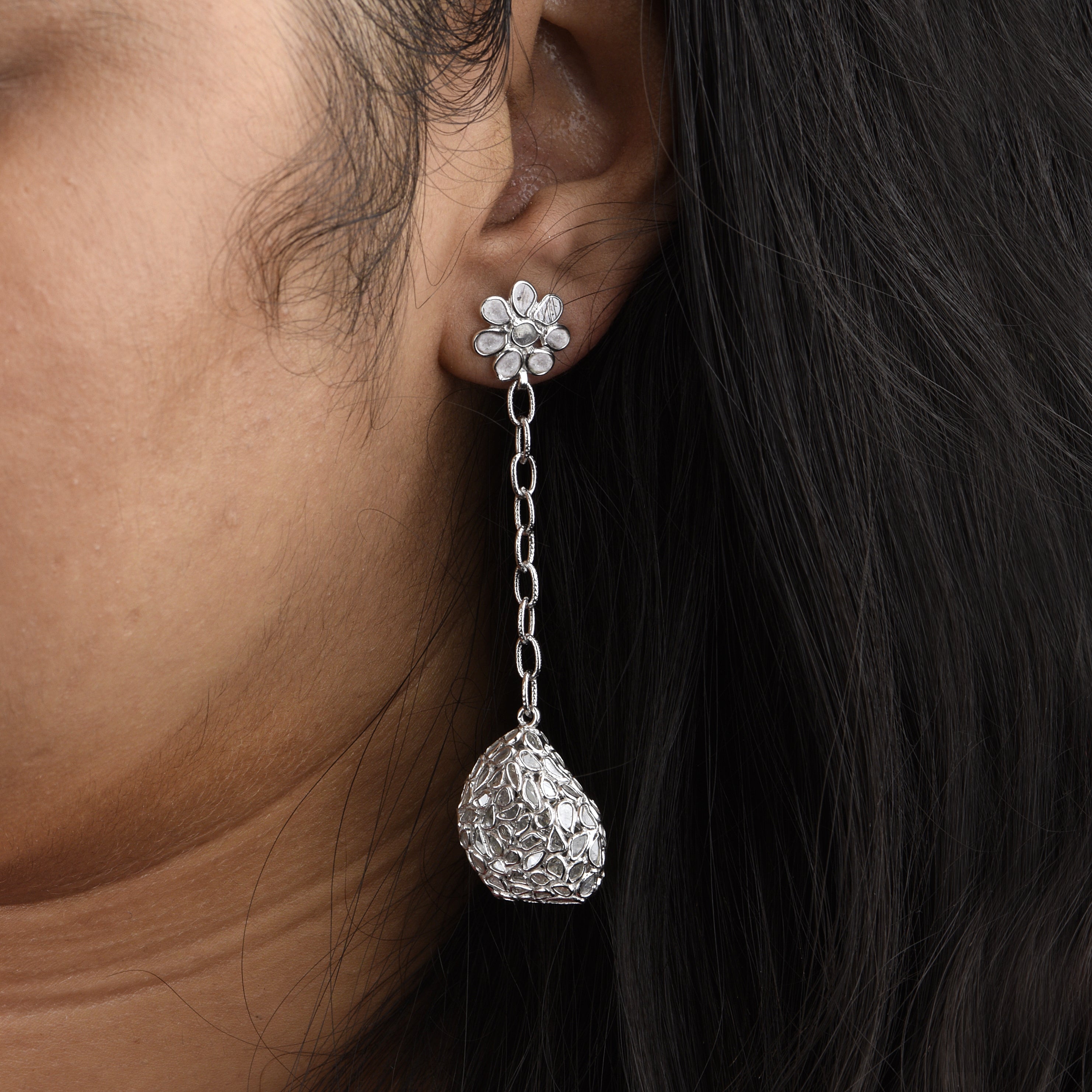 6.25 CTW Diamond Polki Long Dangle Chain Earrings