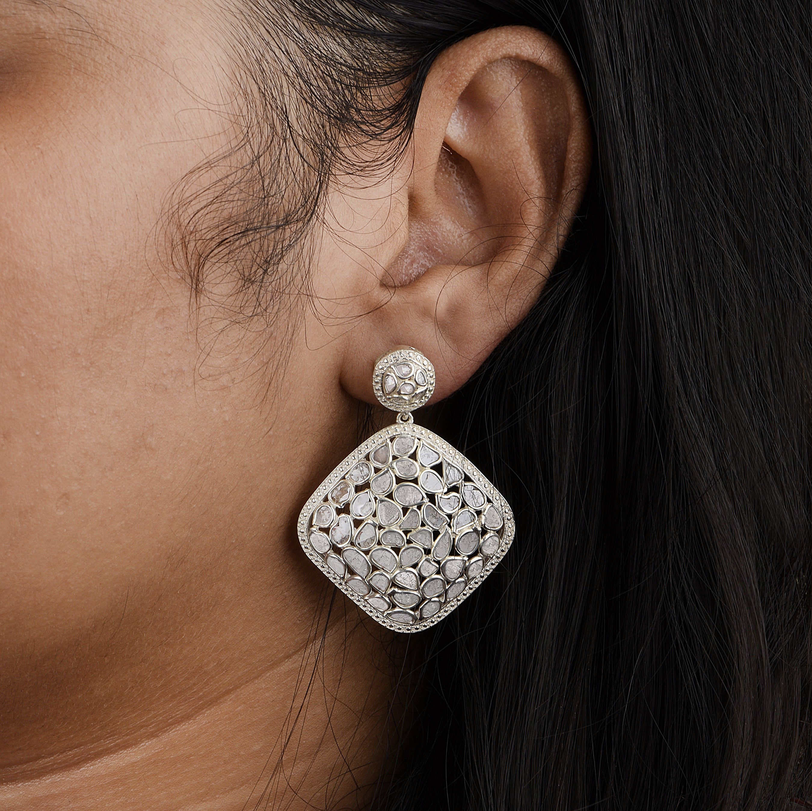 6.70 CTW Diamond Polki Square Dangle Earrings