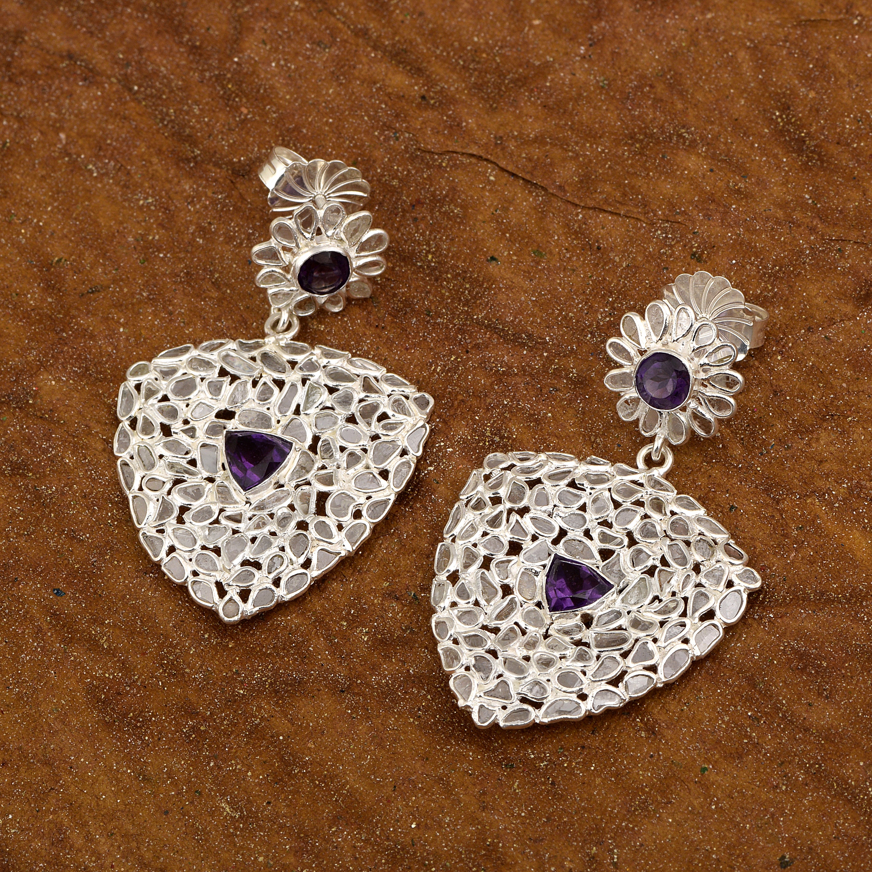 5 CTW Diamond Polki Amethyst Trillion Shaped Cluster Dangle Earring