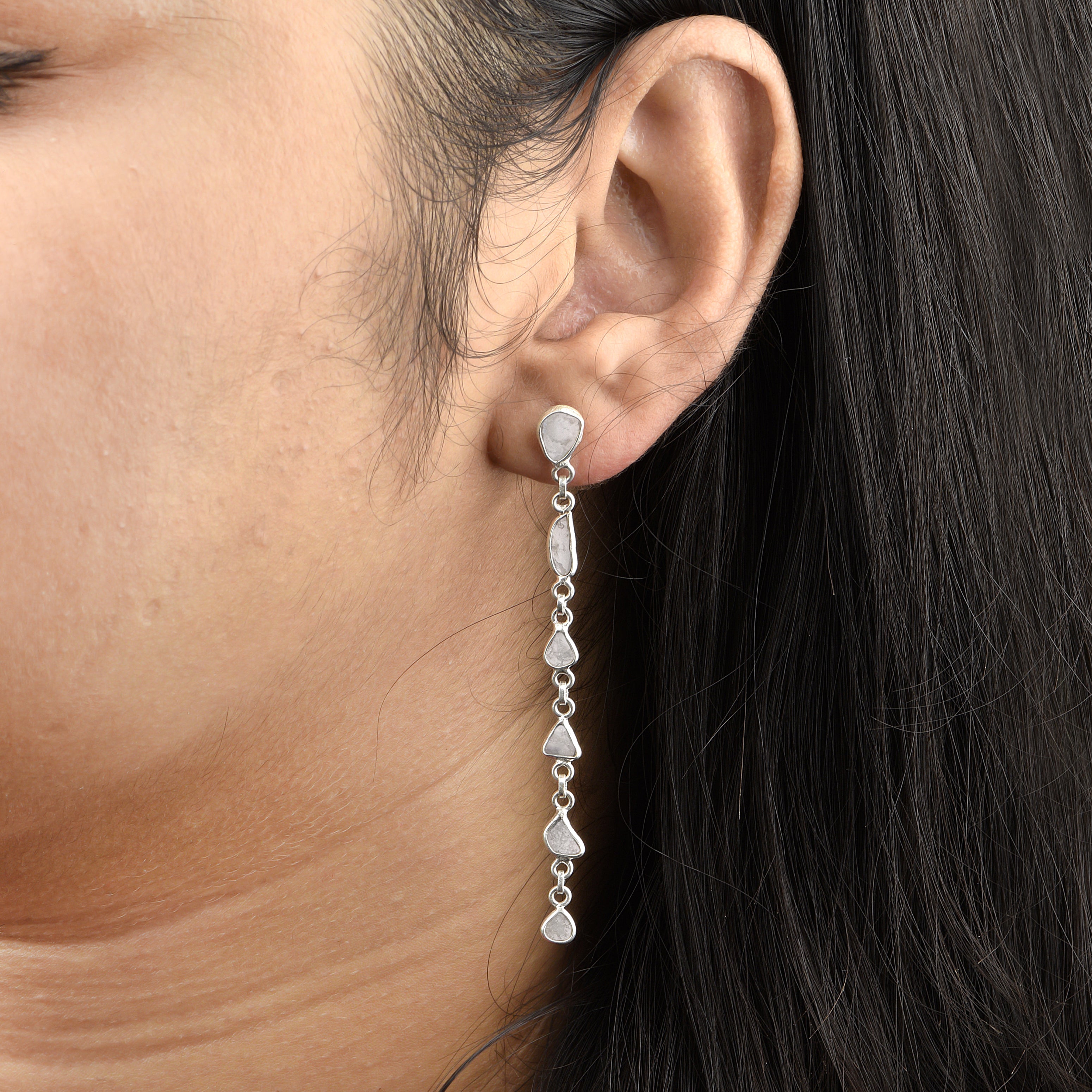 1 CTW Diamond Polki Long Chain Thread Earrings