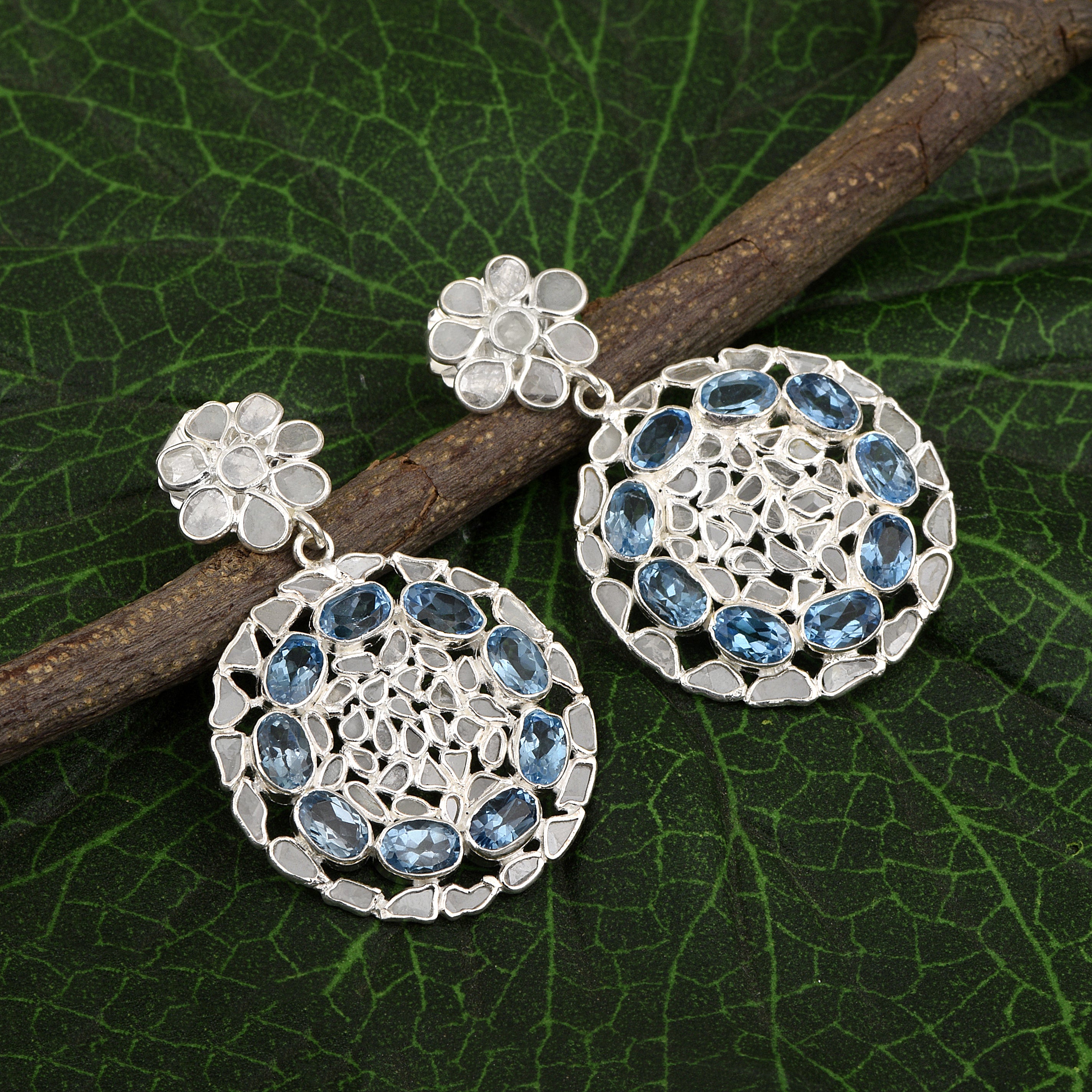 4 CTW Diamond Polki Blue Topaz Round Dangle Earrings