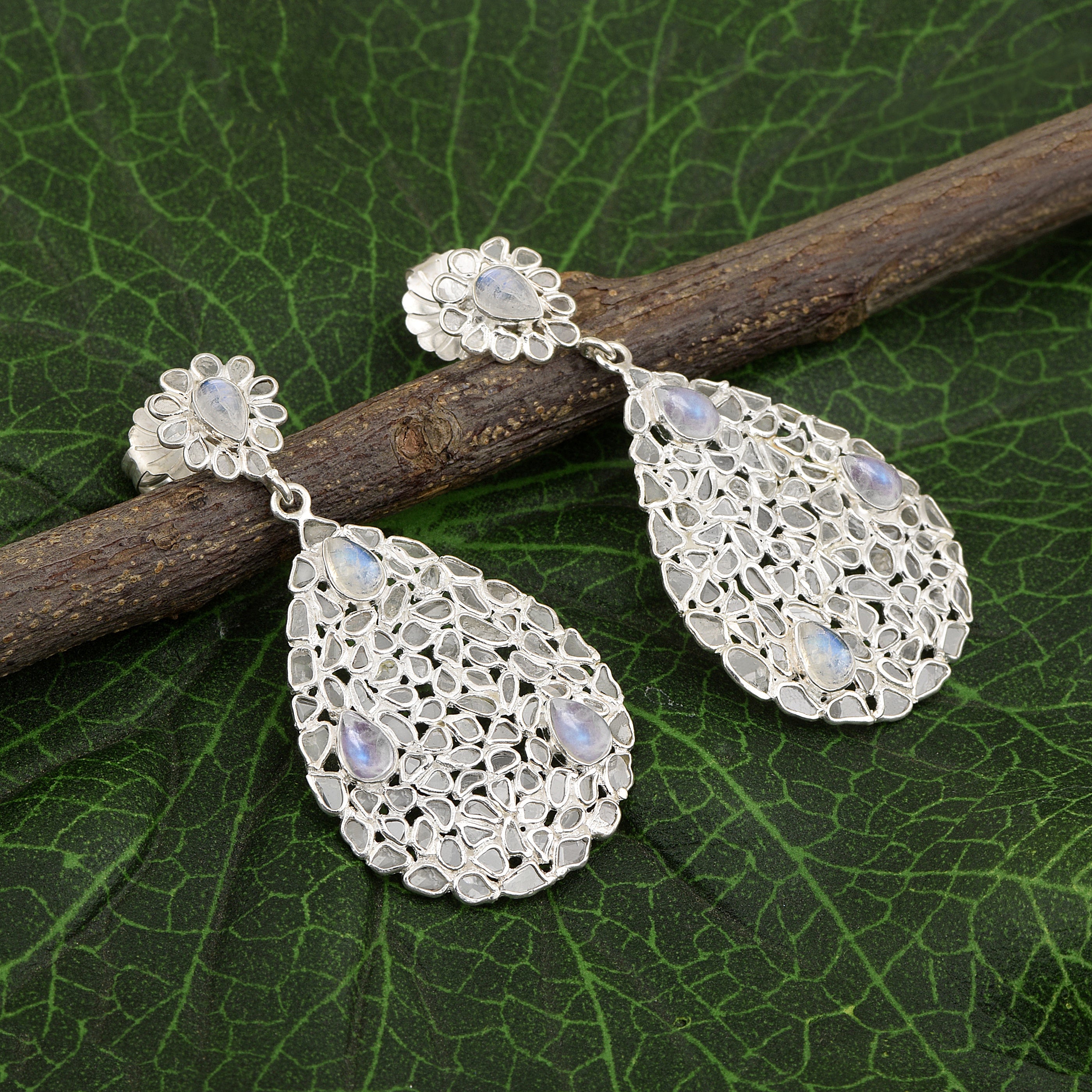 6 CTW Diamond Polki Rainbow Moonstone Pear Dangle Floral Earring