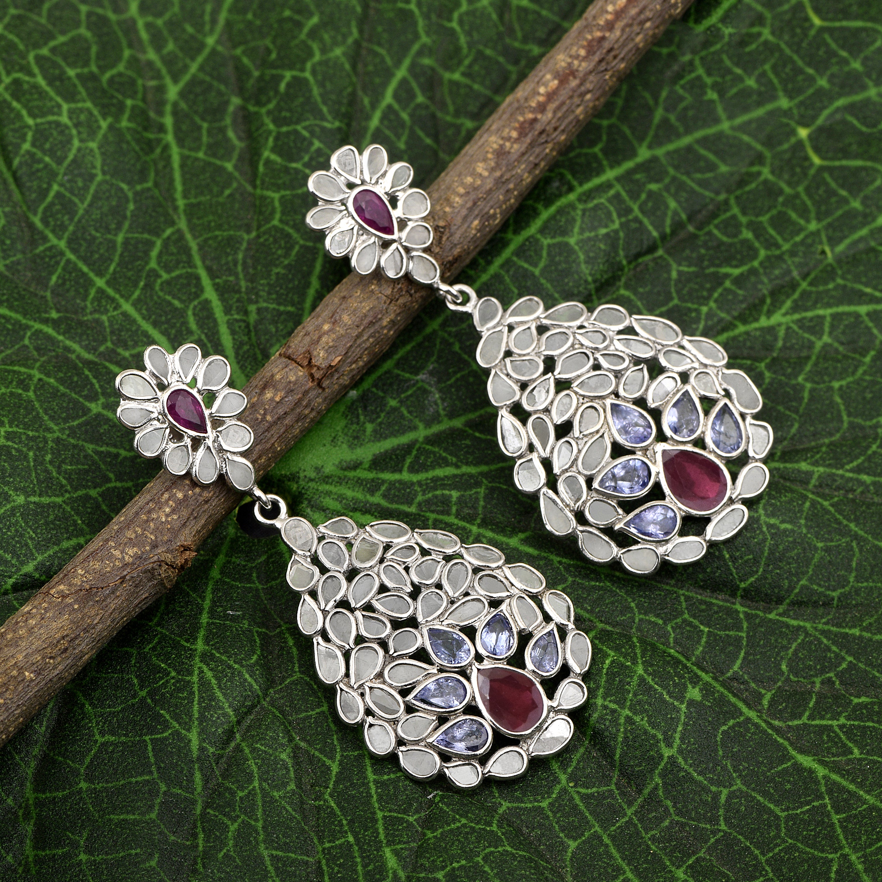 6 CTW Diamond Polki Tanzanite Ruby Floral Dangle Earrings