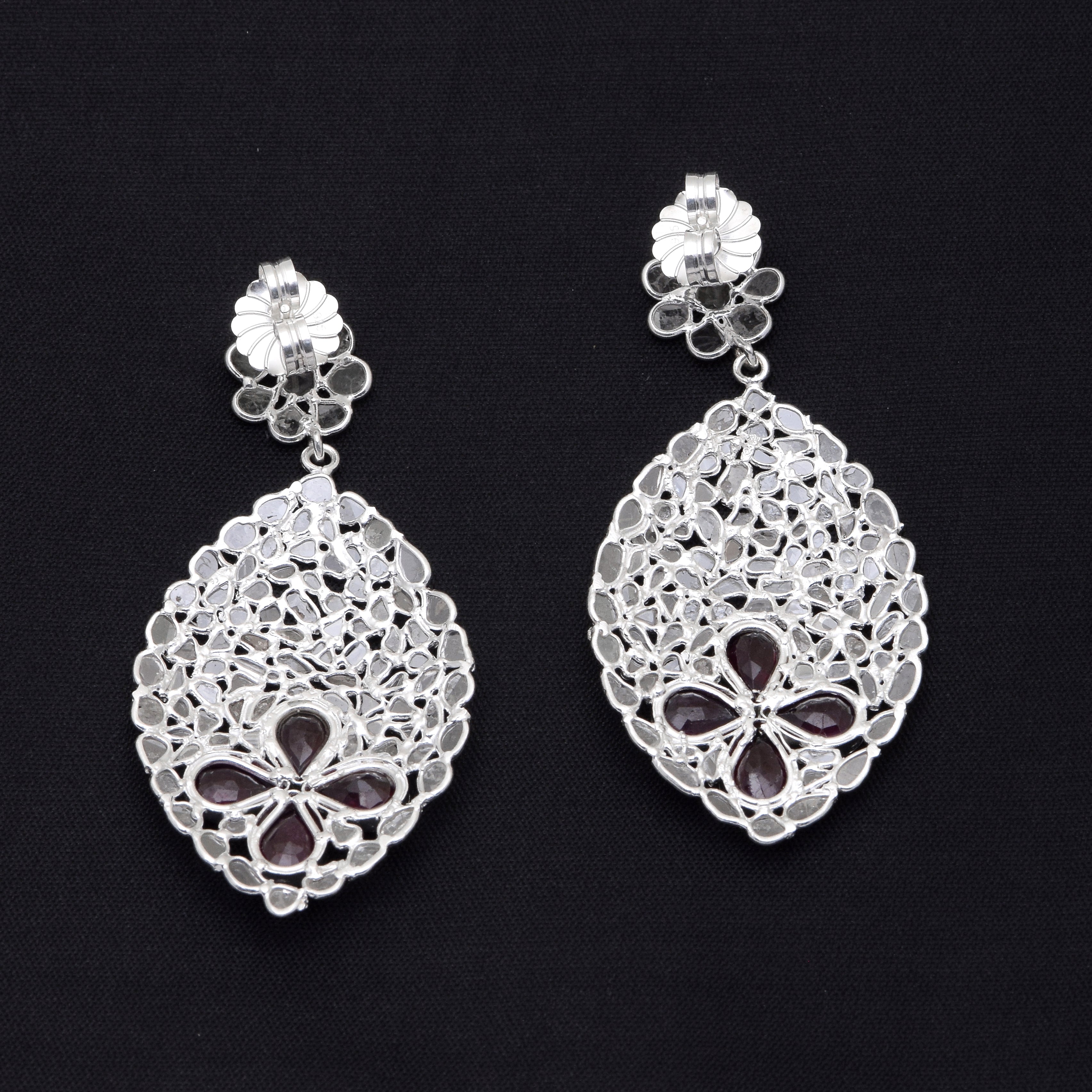 5 CTW Diamond Polki Garnet Floral Dangle Earrings