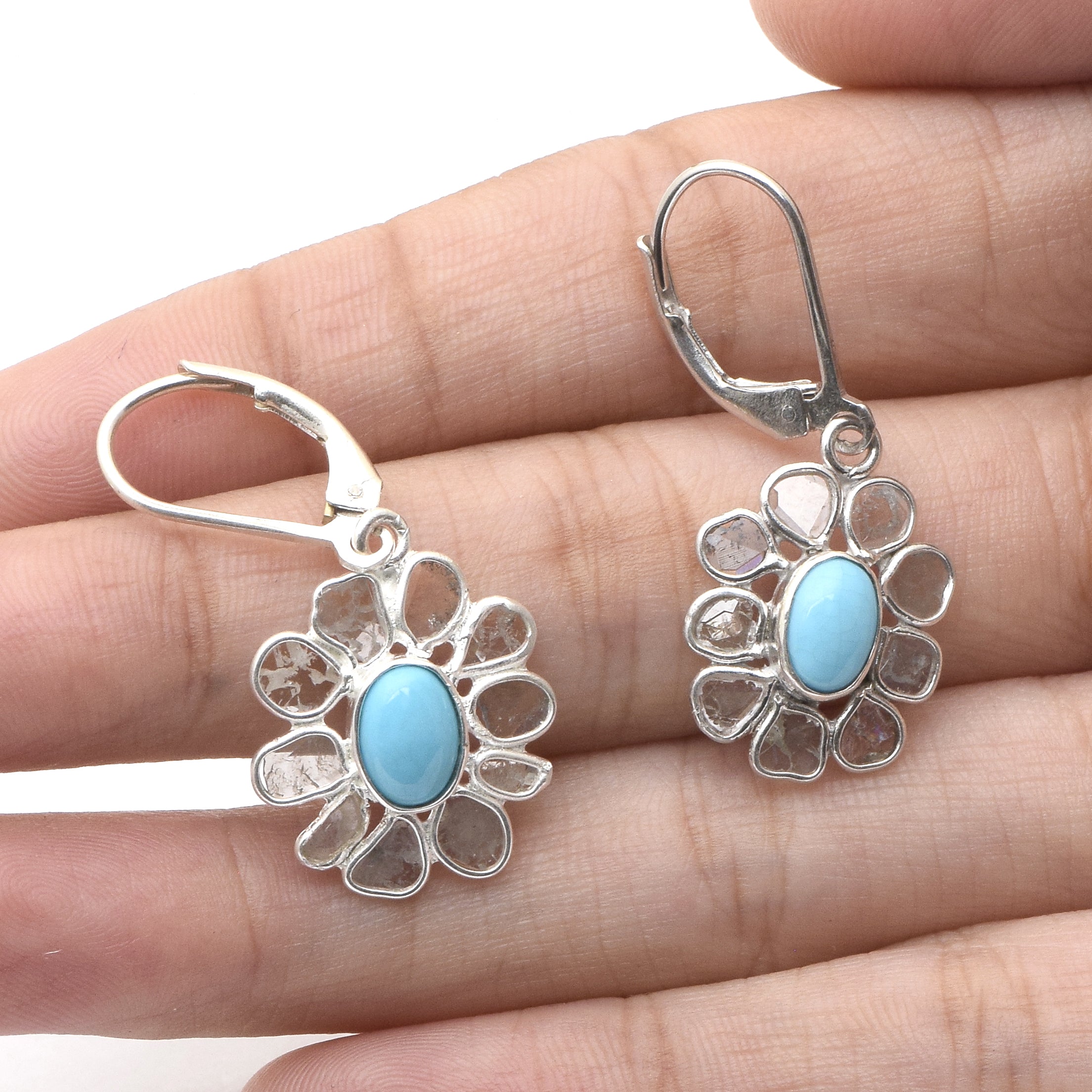 2.50 CTW Diamond Polki Turquoise Floral Dangle Earrings