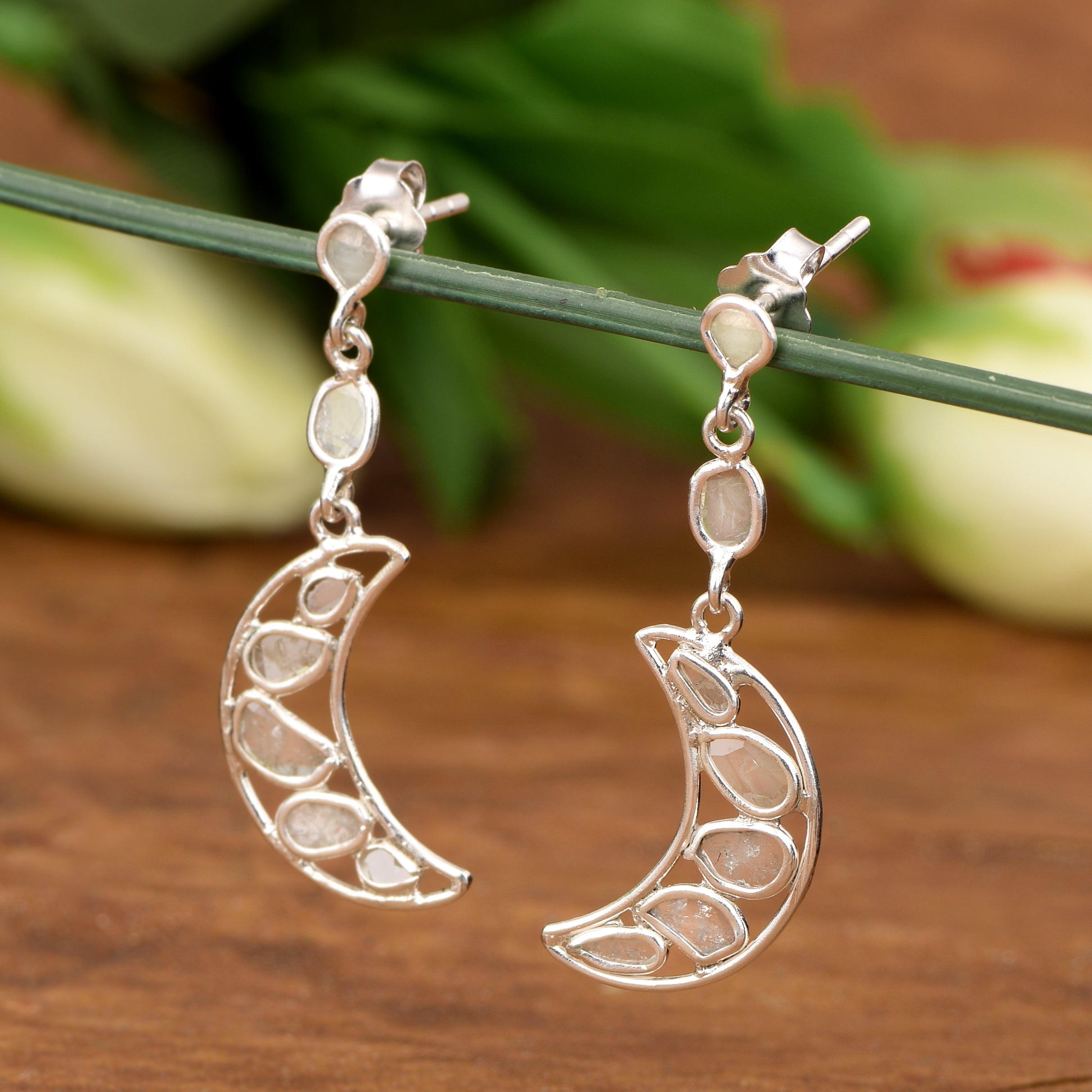 0.50 CTW Diamond Polki Crescent Moon Earrings