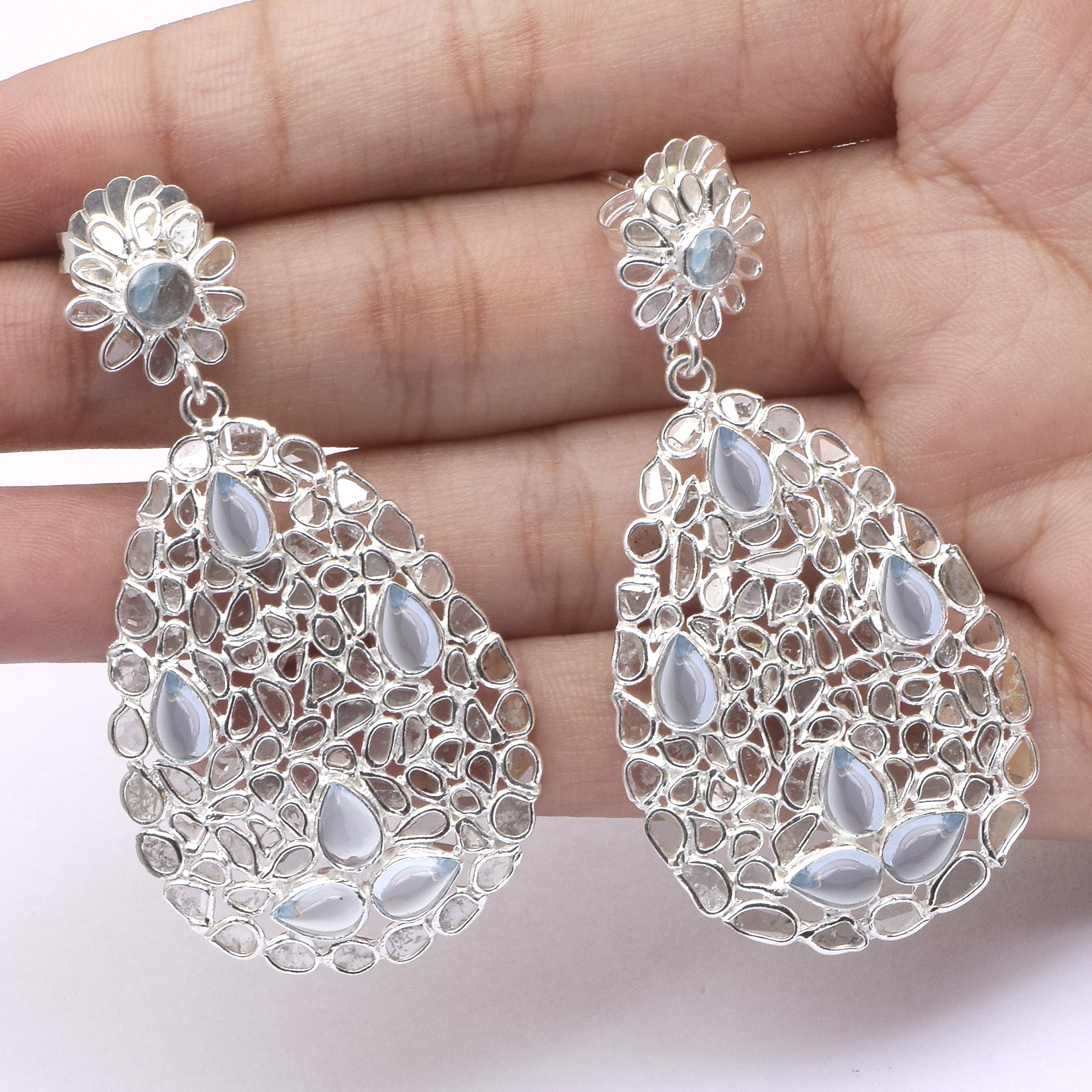 6.50 CTW Diamond Polki Genuine Blue Topaz Pear Dangle Earring