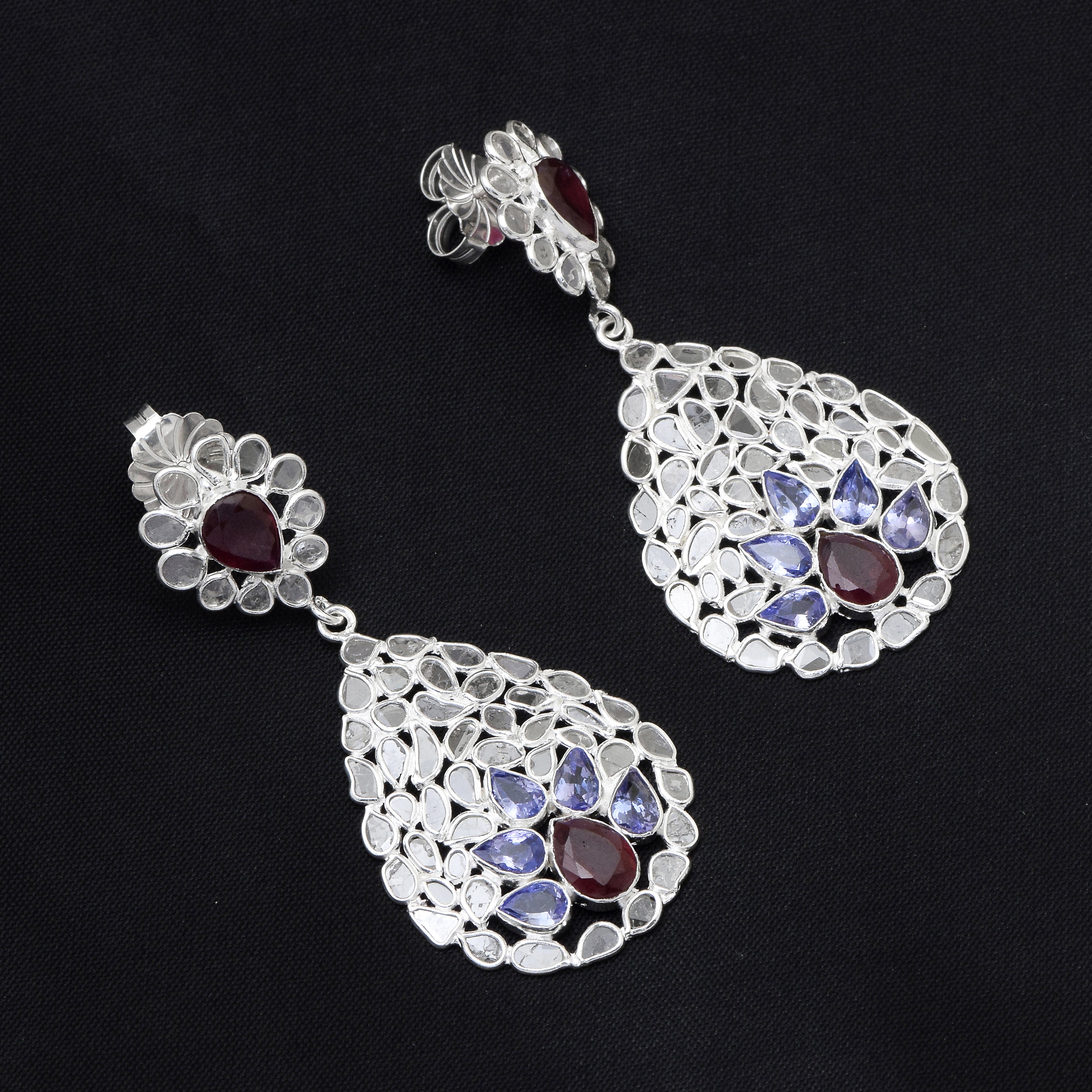 6 CTW Diamond Polki Tanzanite Ruby Floral Dangle Earrings