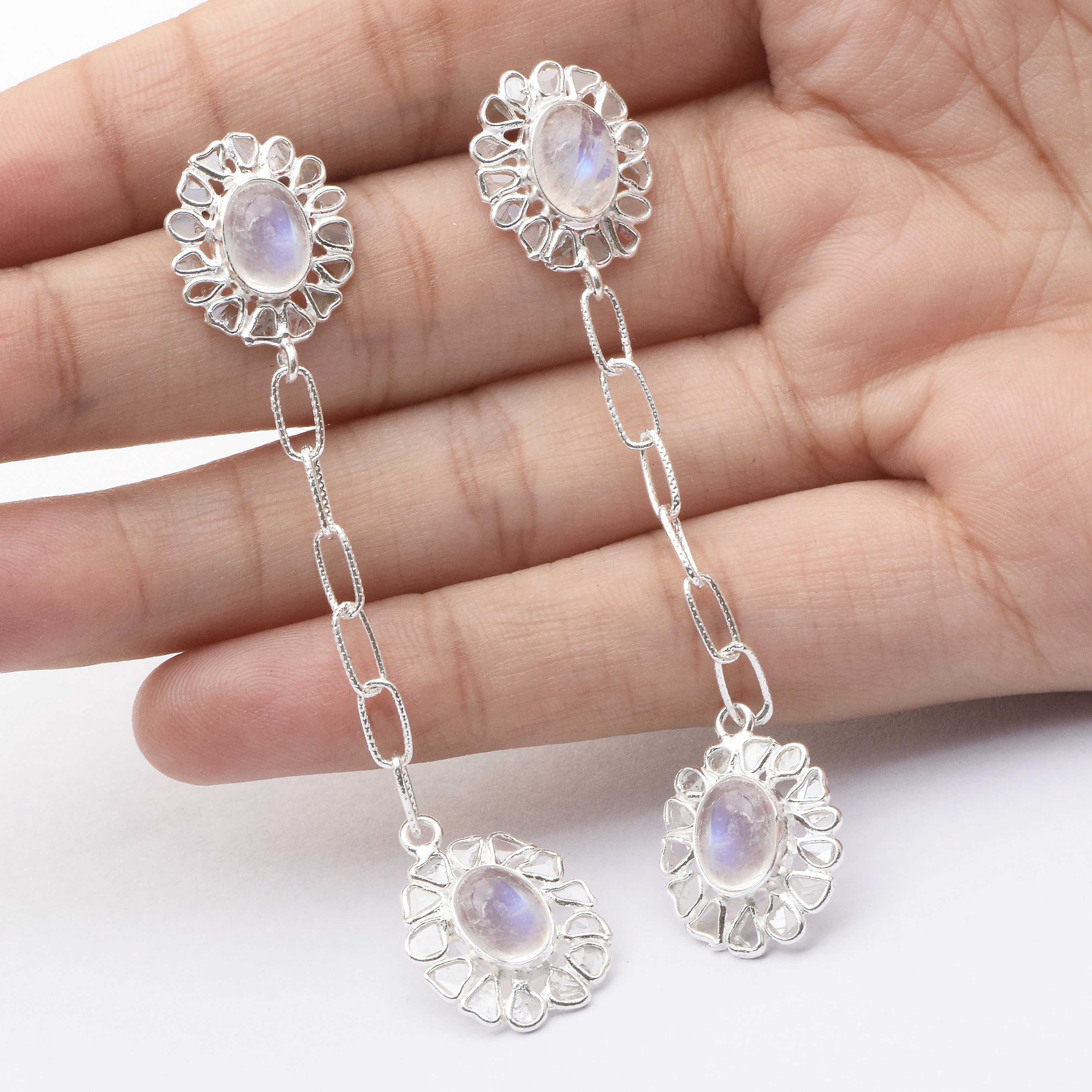 2.50 CTW Diamond Polki Moonstone Dangle Earrings