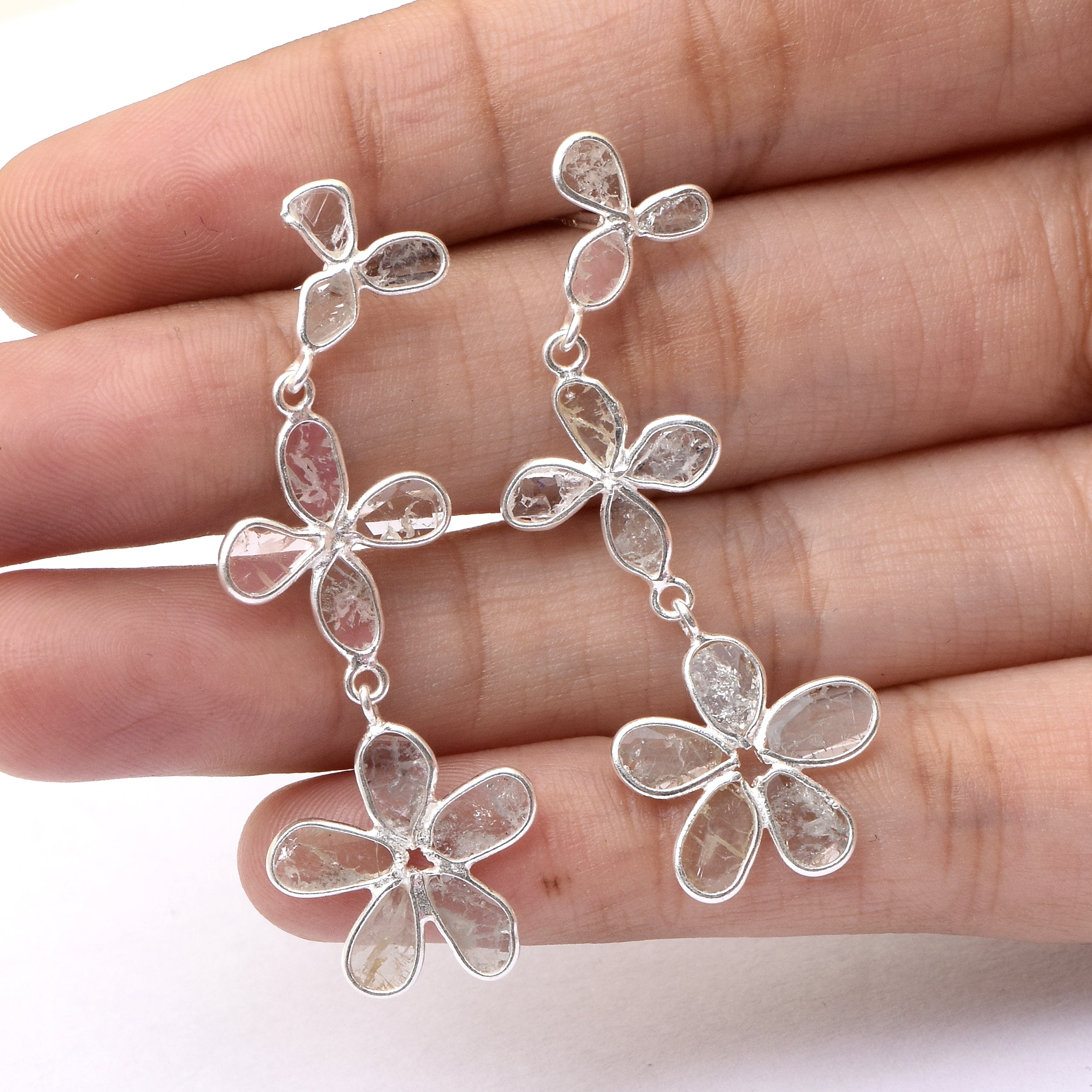 2 CTW Diamond Polki Floral Dangle Earrings