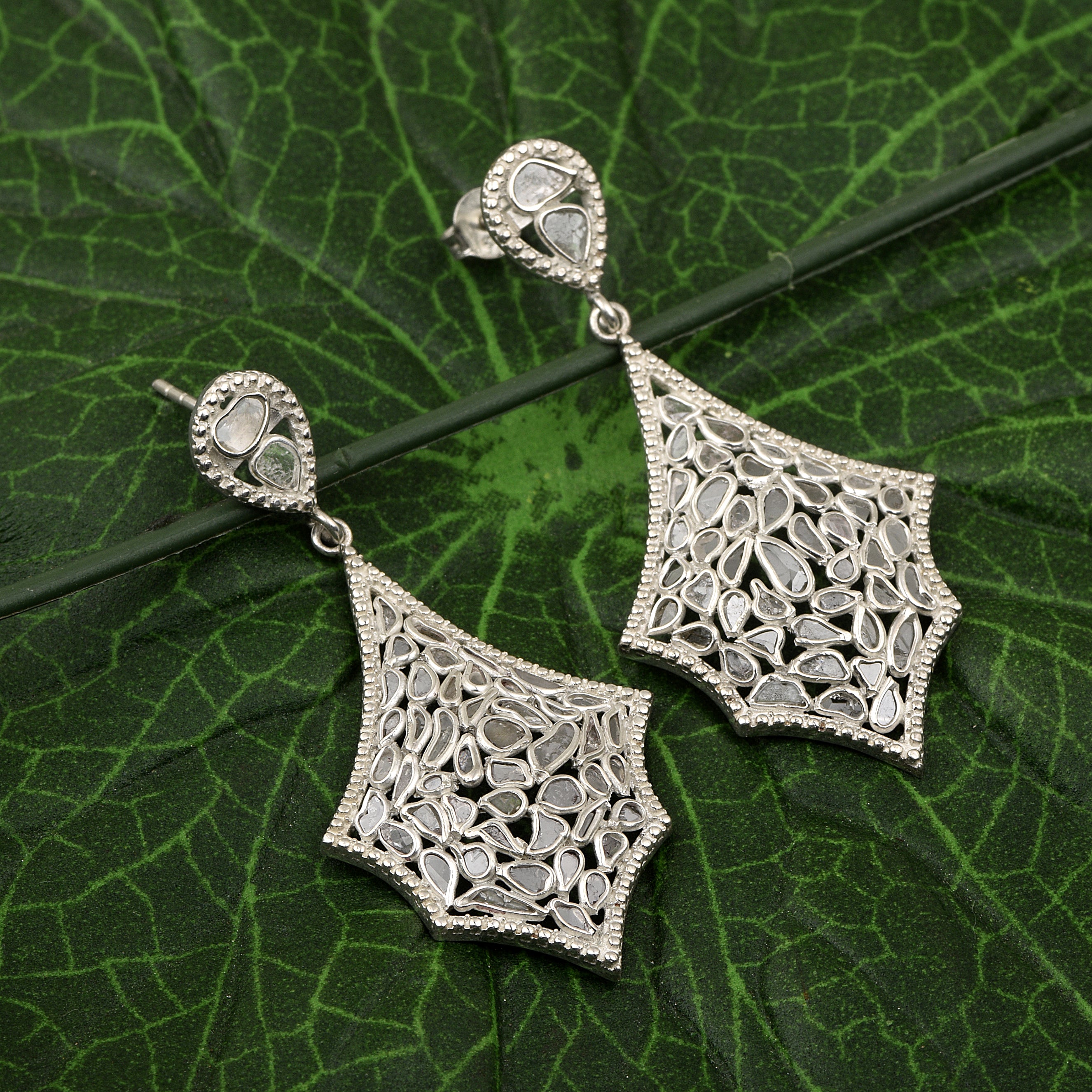 2.25 CTW Diamond Polki Spider Web Dangle Earrings